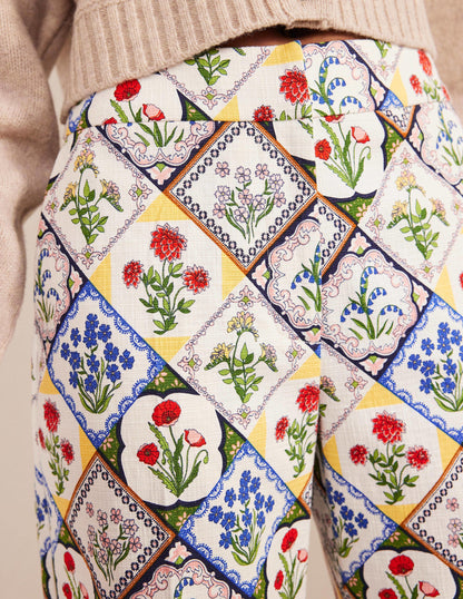 Gemusterte Hose mit geradem Bein-Naturweiß, Wilde Glockenblumen