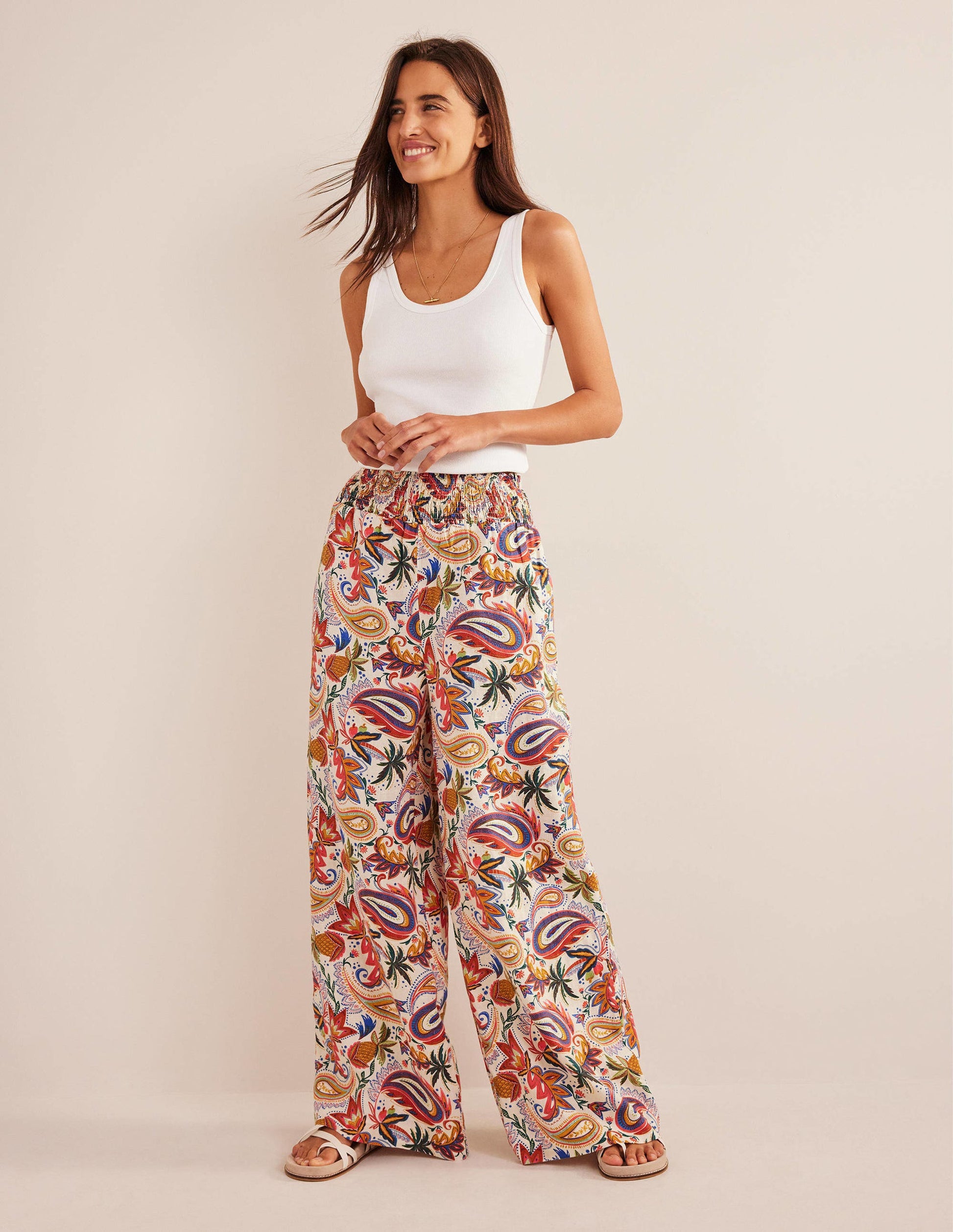 Linen Shirred Waist Trousers-Multi, Paradise Paisley-1