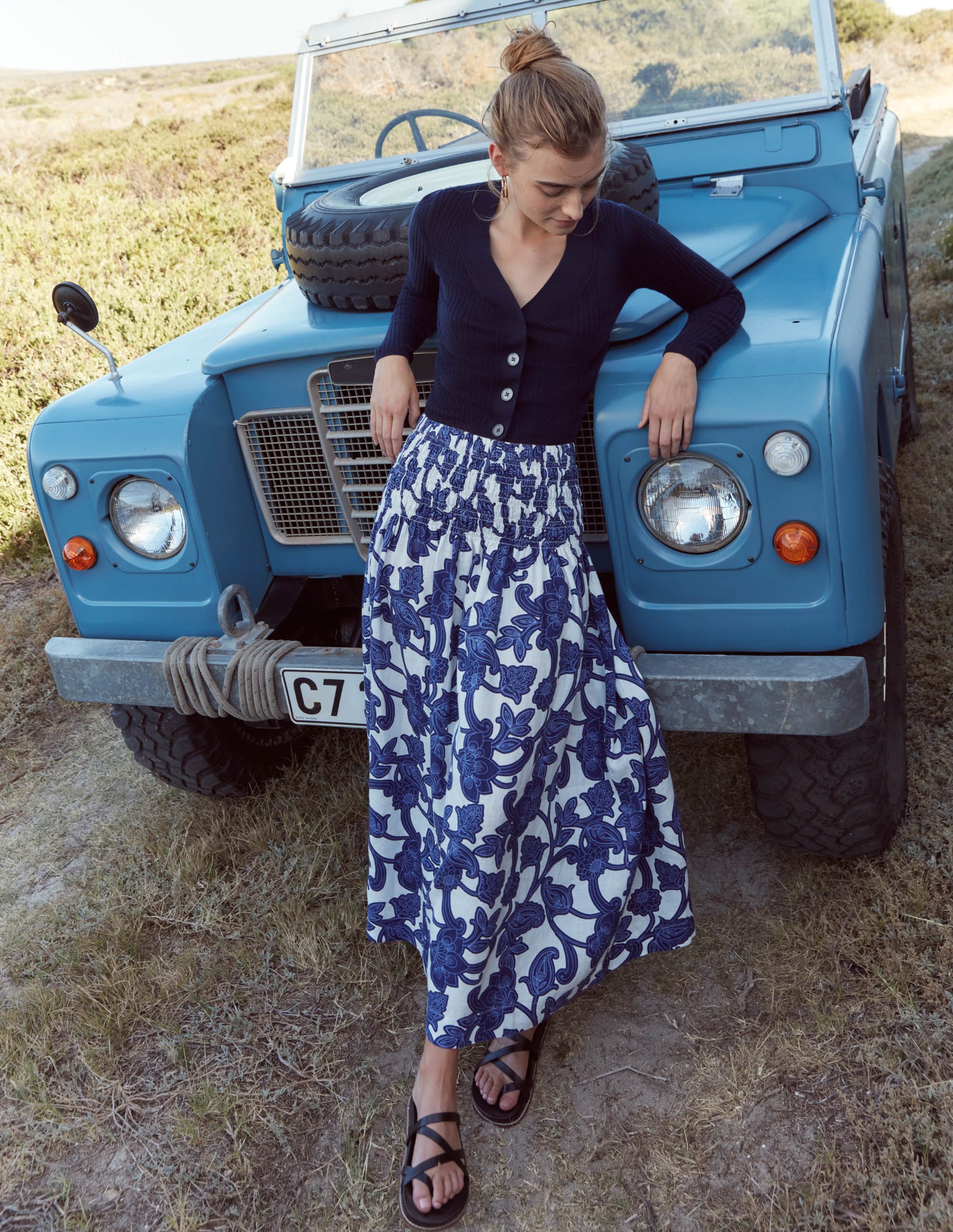Shirred Waist Linen Midi Skirt-Blue Ribbon, Paisley Whirl - Image 5