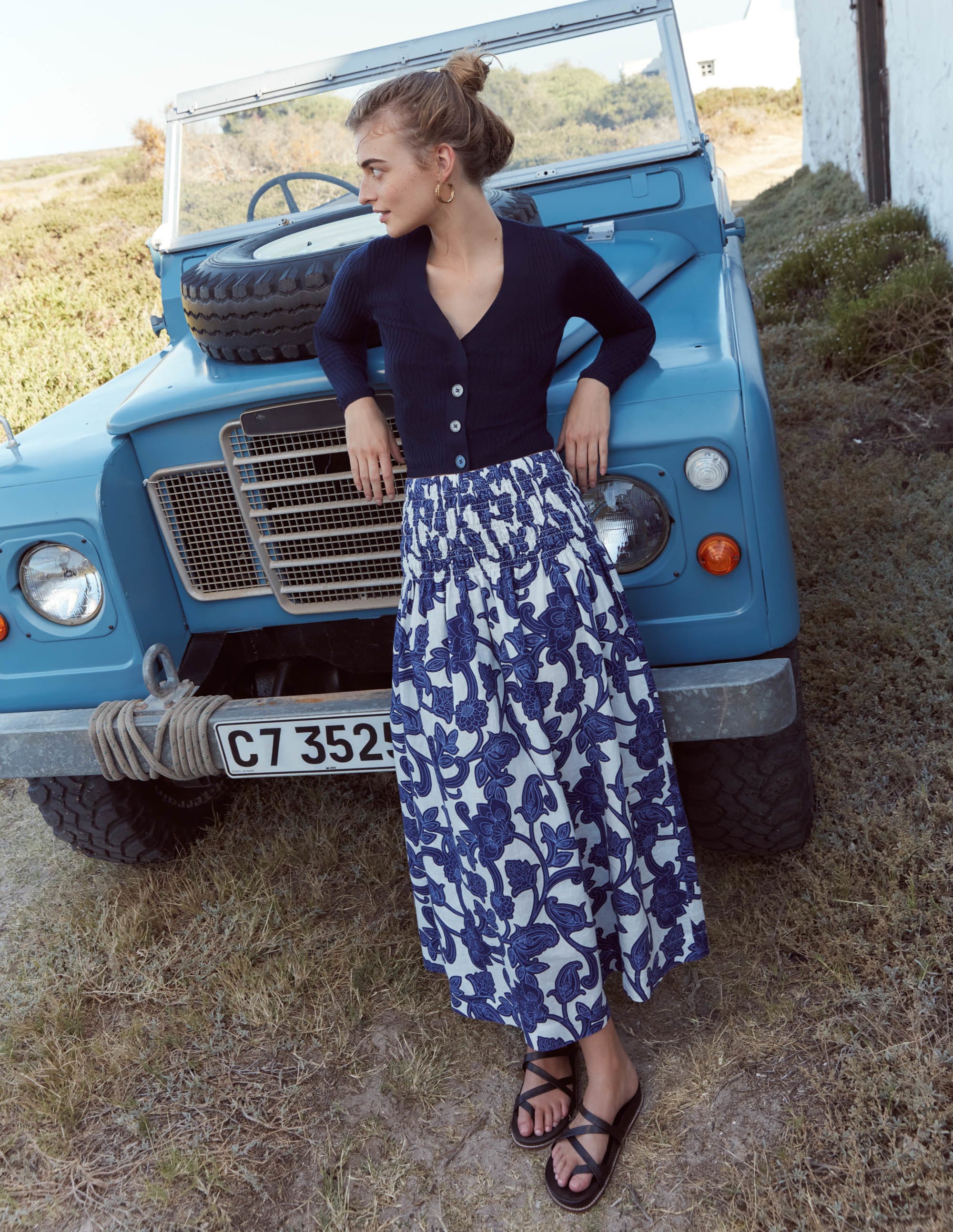 Shirred Waist Linen Midi Skirt-Blue Ribbon, Paisley Whirl - Image 6