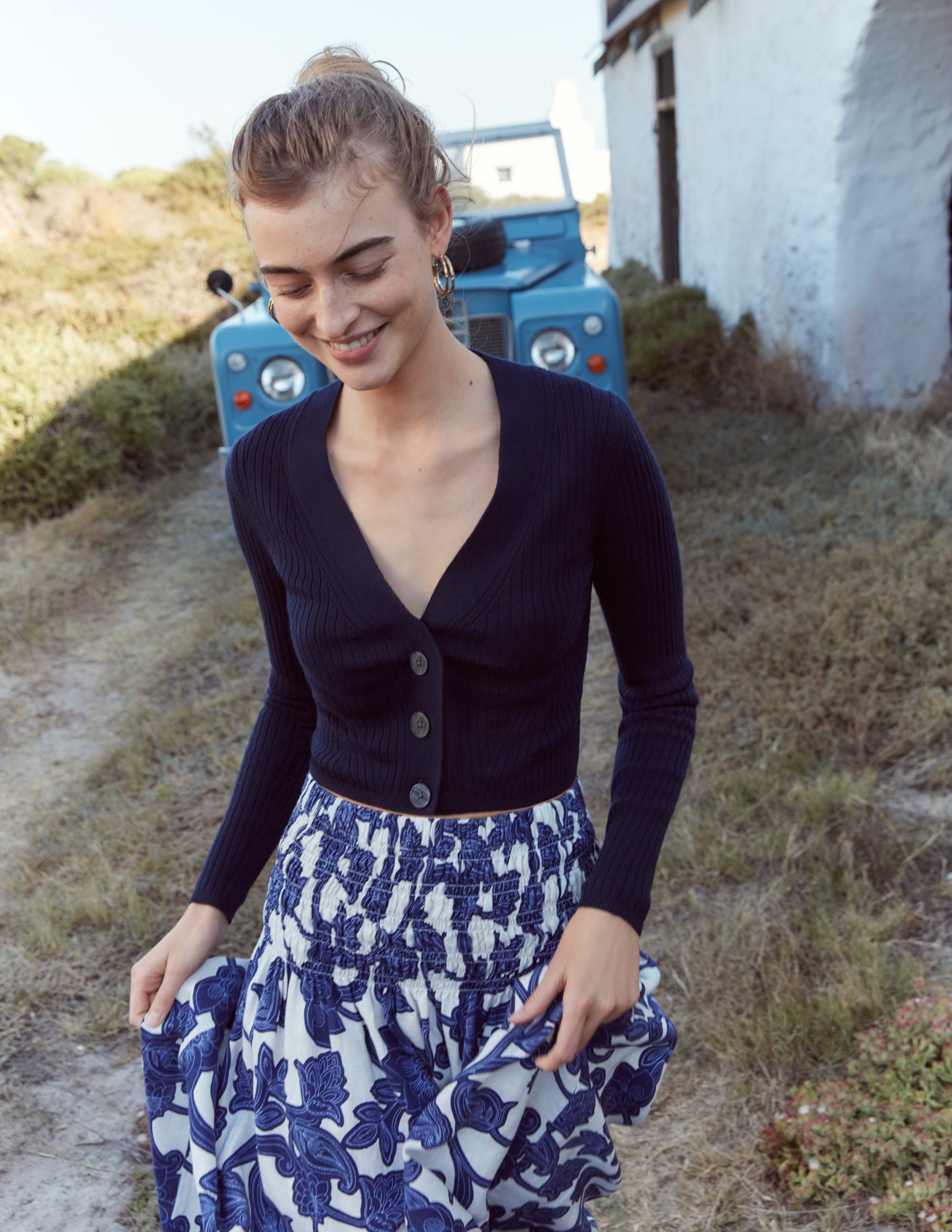 Shirred Waist Linen Midi Skirt-Blue Ribbon, Paisley Whirl-7