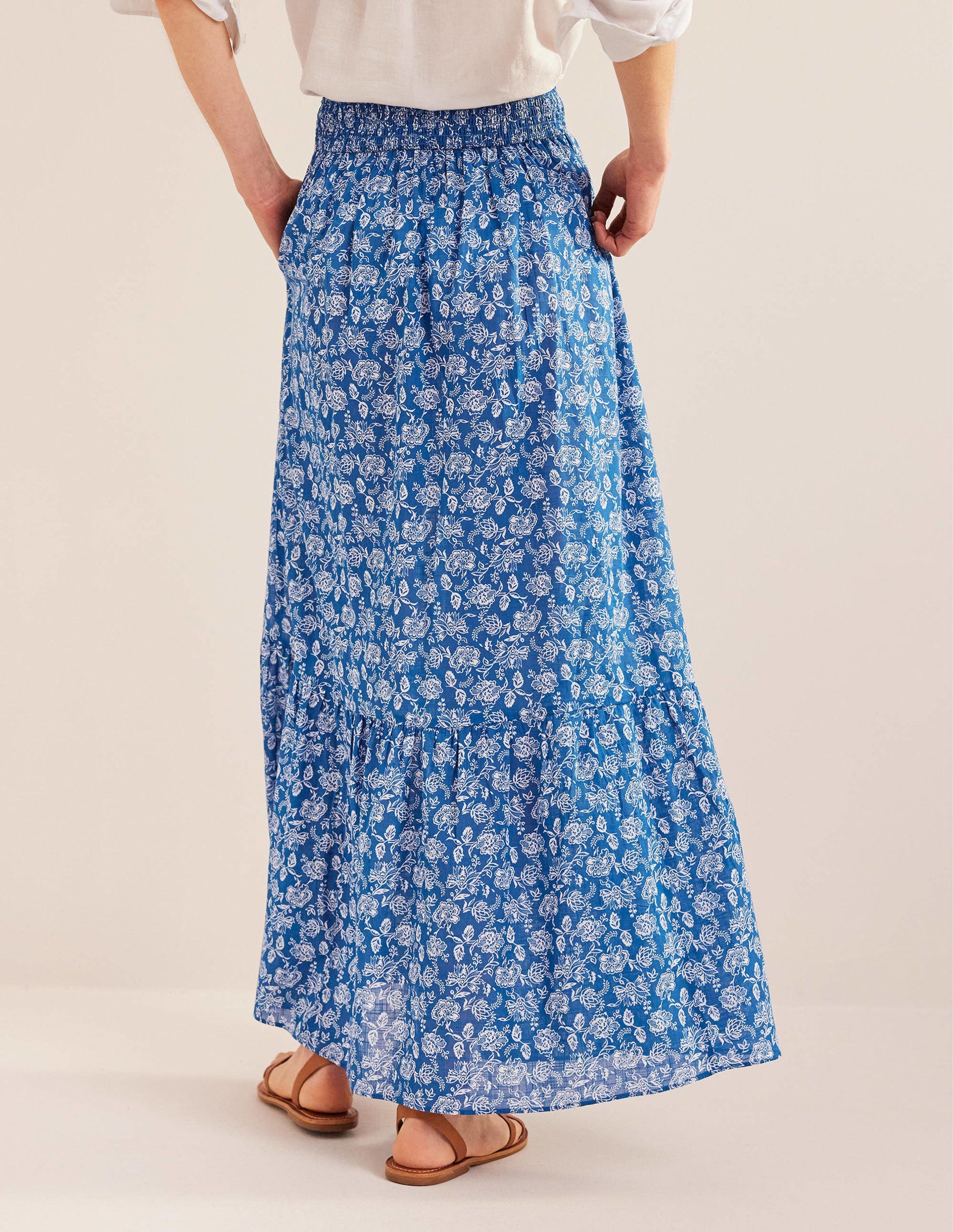Tiered Cotton Maxi Skirt-True Blue, Linear Bloom-3
