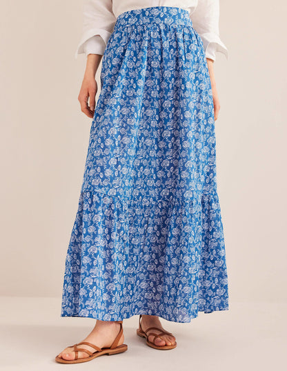 Tiered Cotton Maxi Skirt-True Blue, Linear Bloom-4
