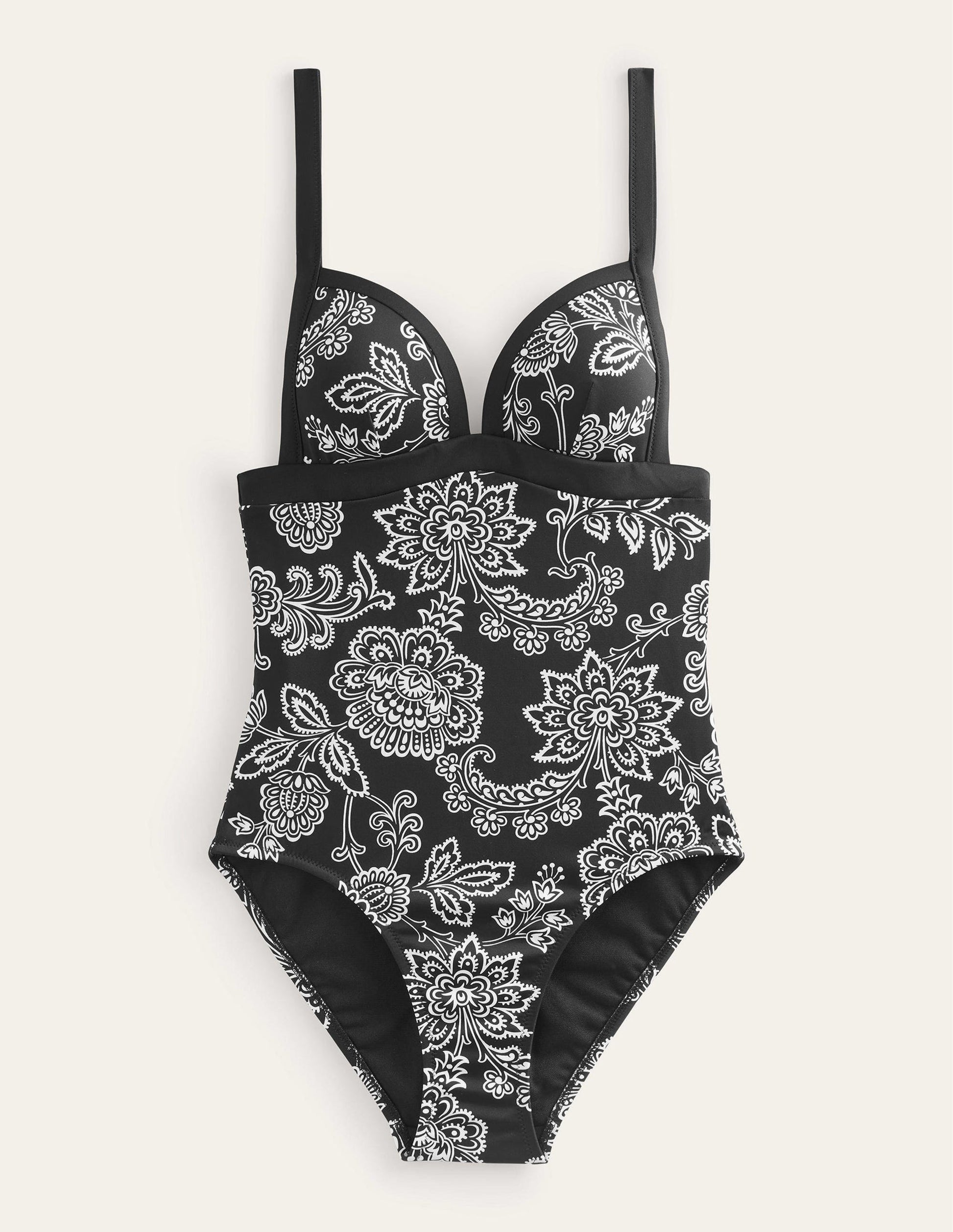 Maillot de bain triangle à empiècement-Noir, motif floral blanc-5