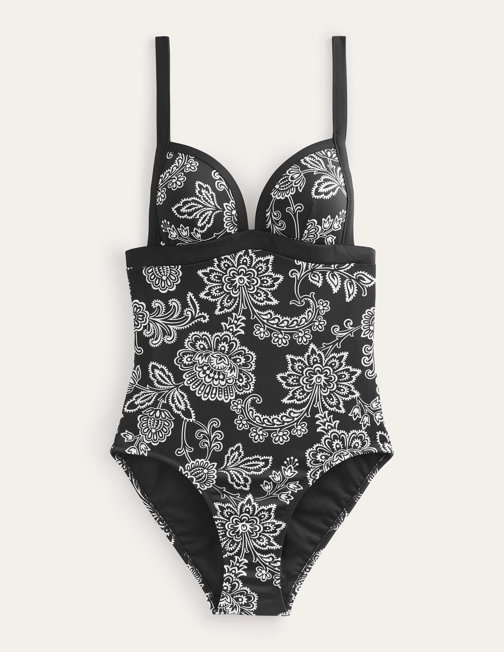 Maillot de bain triangle à empiècement-Noir, motif floral blanc - Image 5