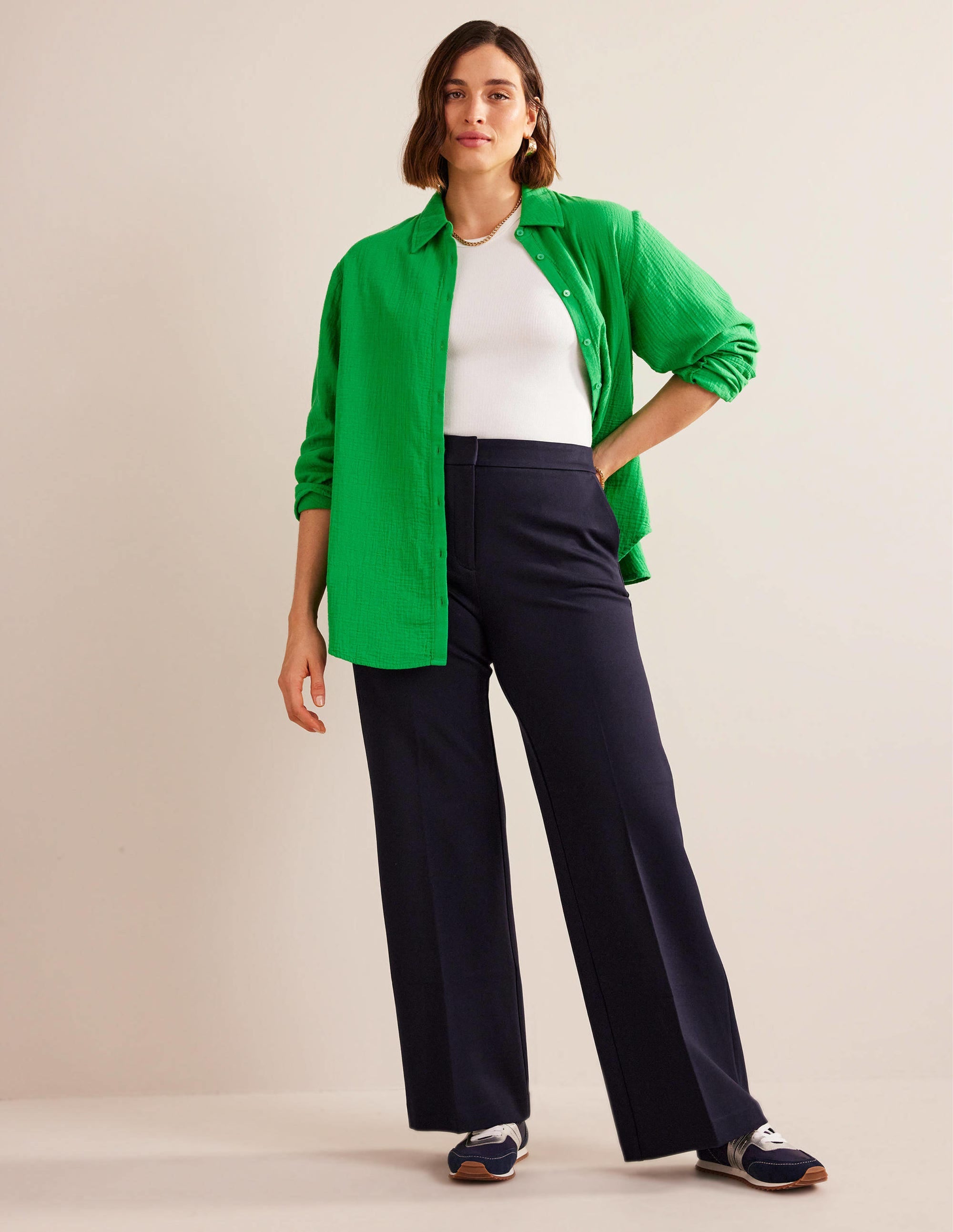 Pantalon Westbourne en point de Rome-Bleu Marine, Petits Pois - Image 5