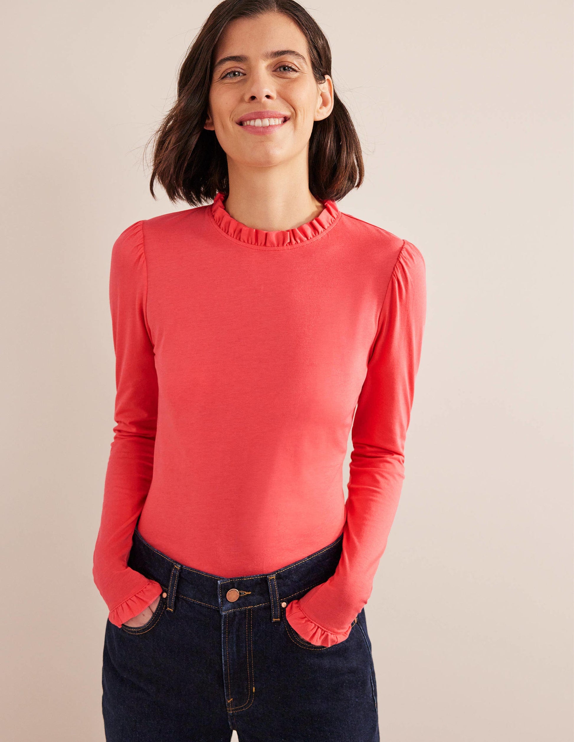 Supersoft Frill Detail Top-Coral-4