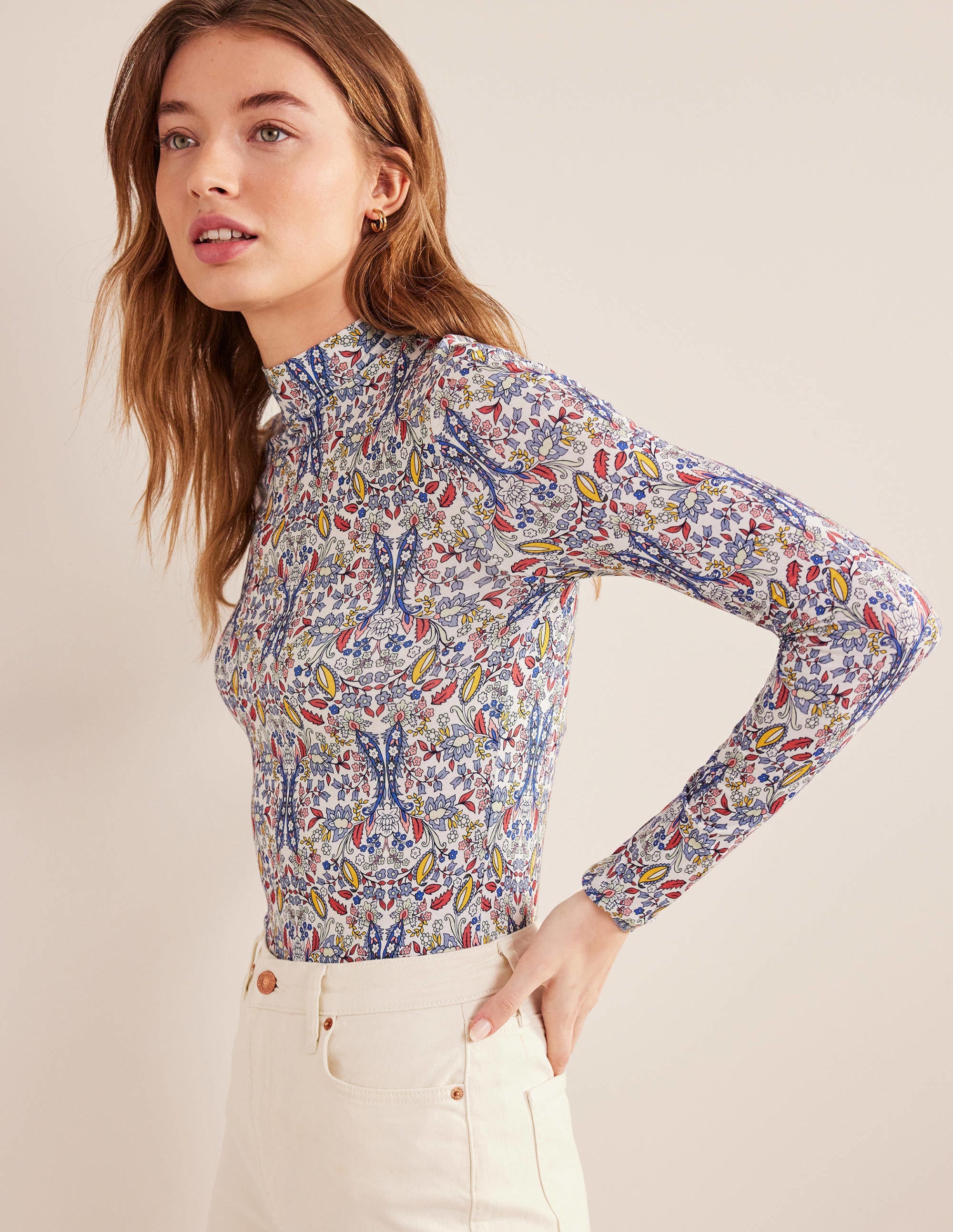 Jersey High Neck Top-Ivory, Exotic Foliage - Image 1