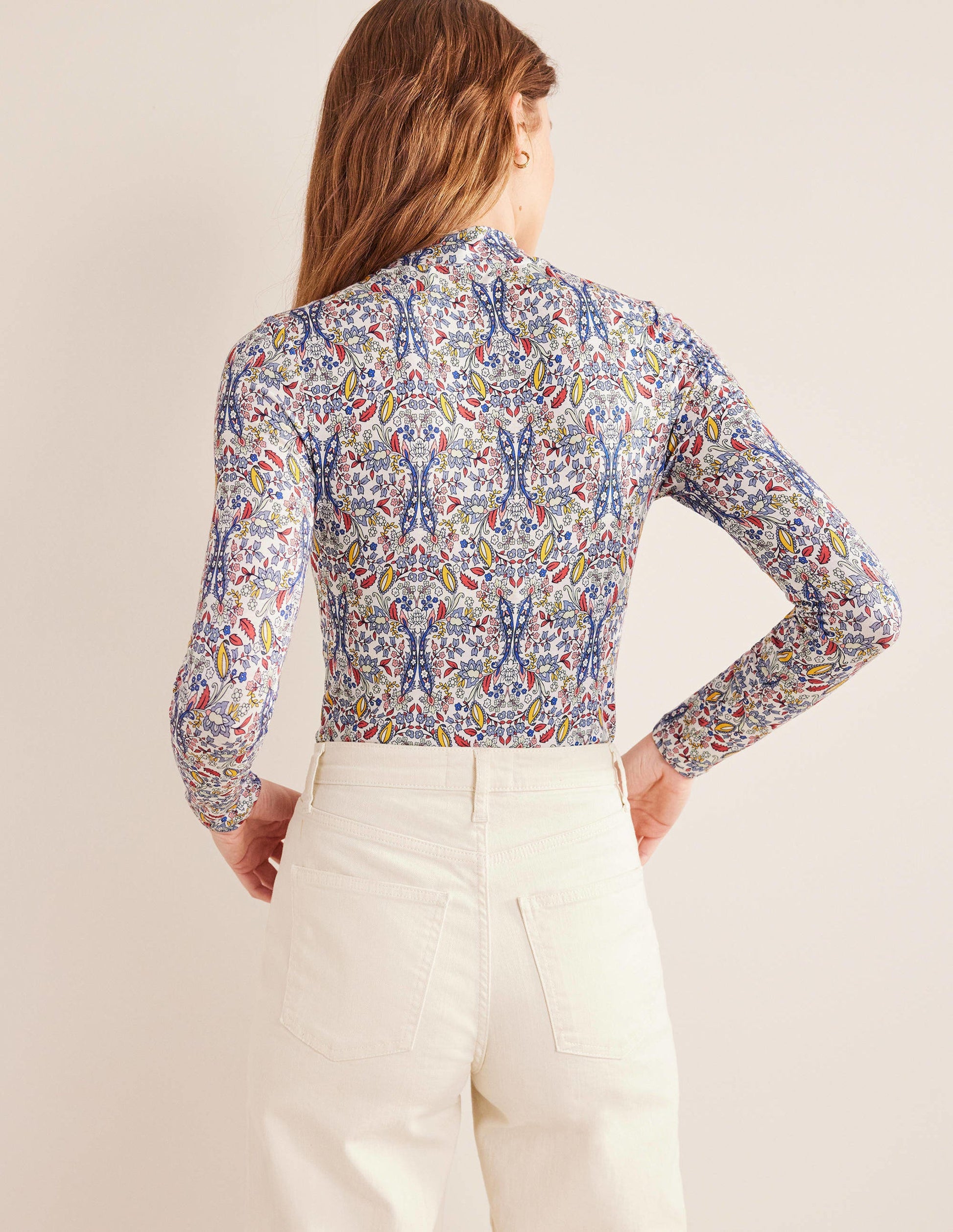 Jersey High Neck Top-Ivory, Exotic Foliage-3