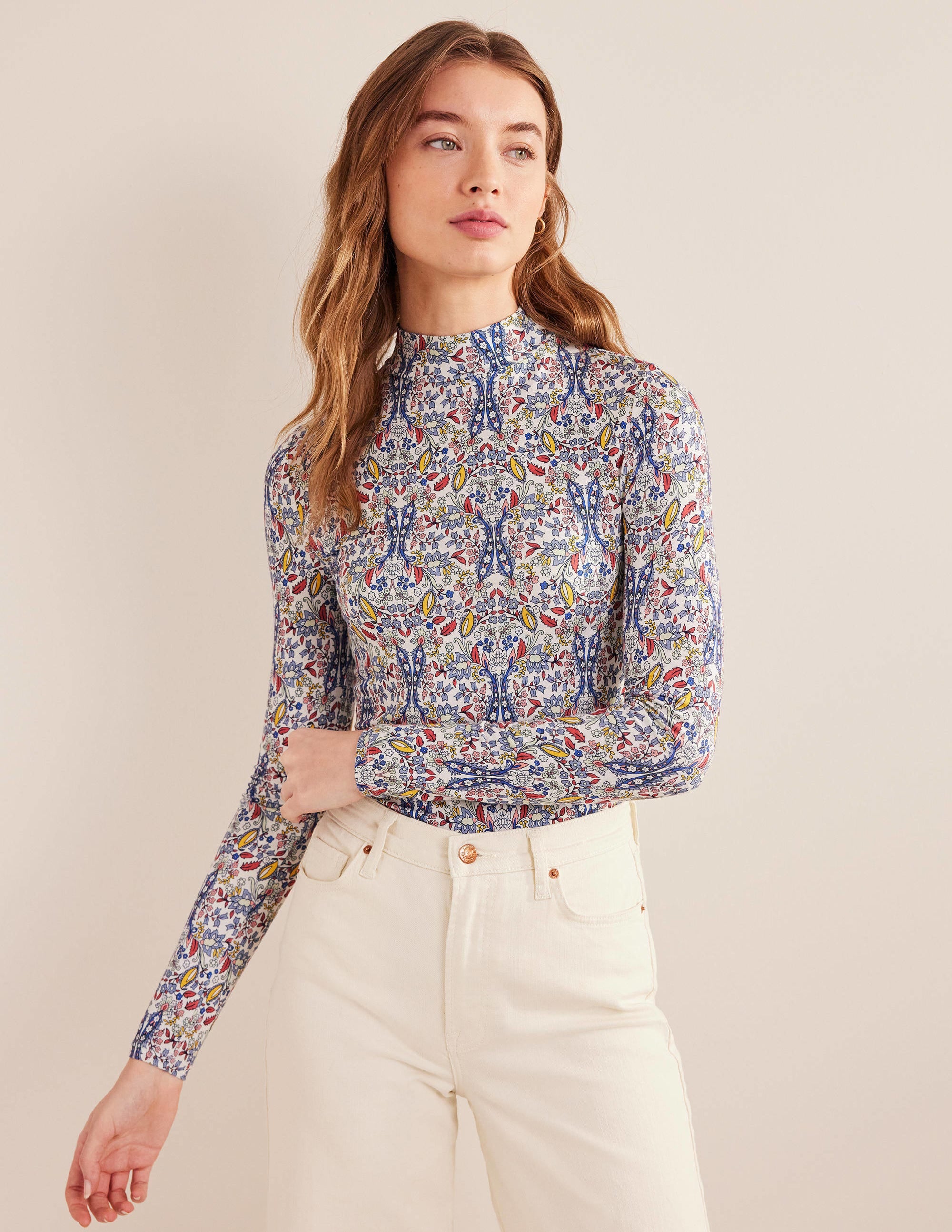 Jersey High Neck Top-Ivory, Exotic Foliage - Image 4