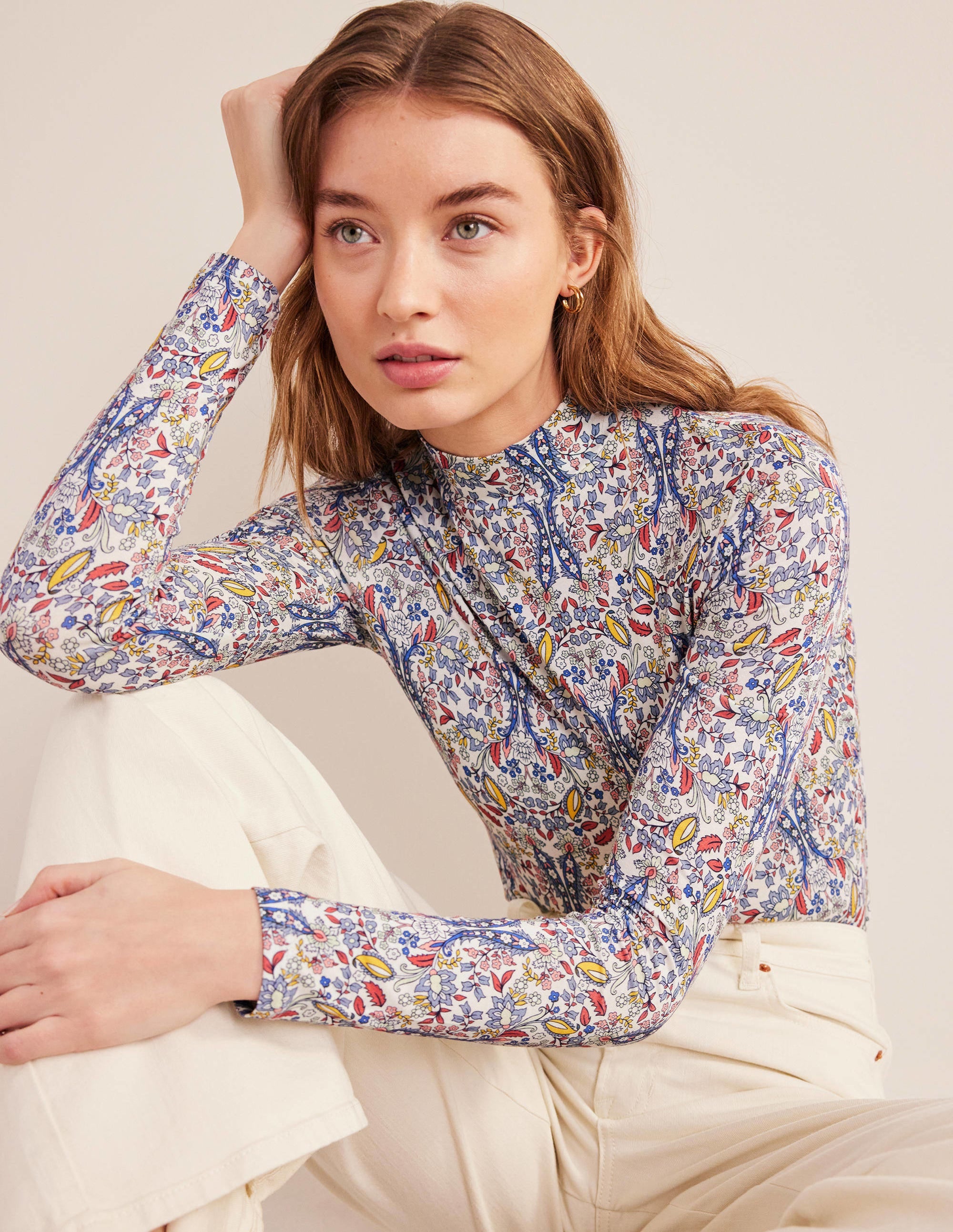 Jersey High Neck Top-Ivory, Exotic Foliage - Image 5