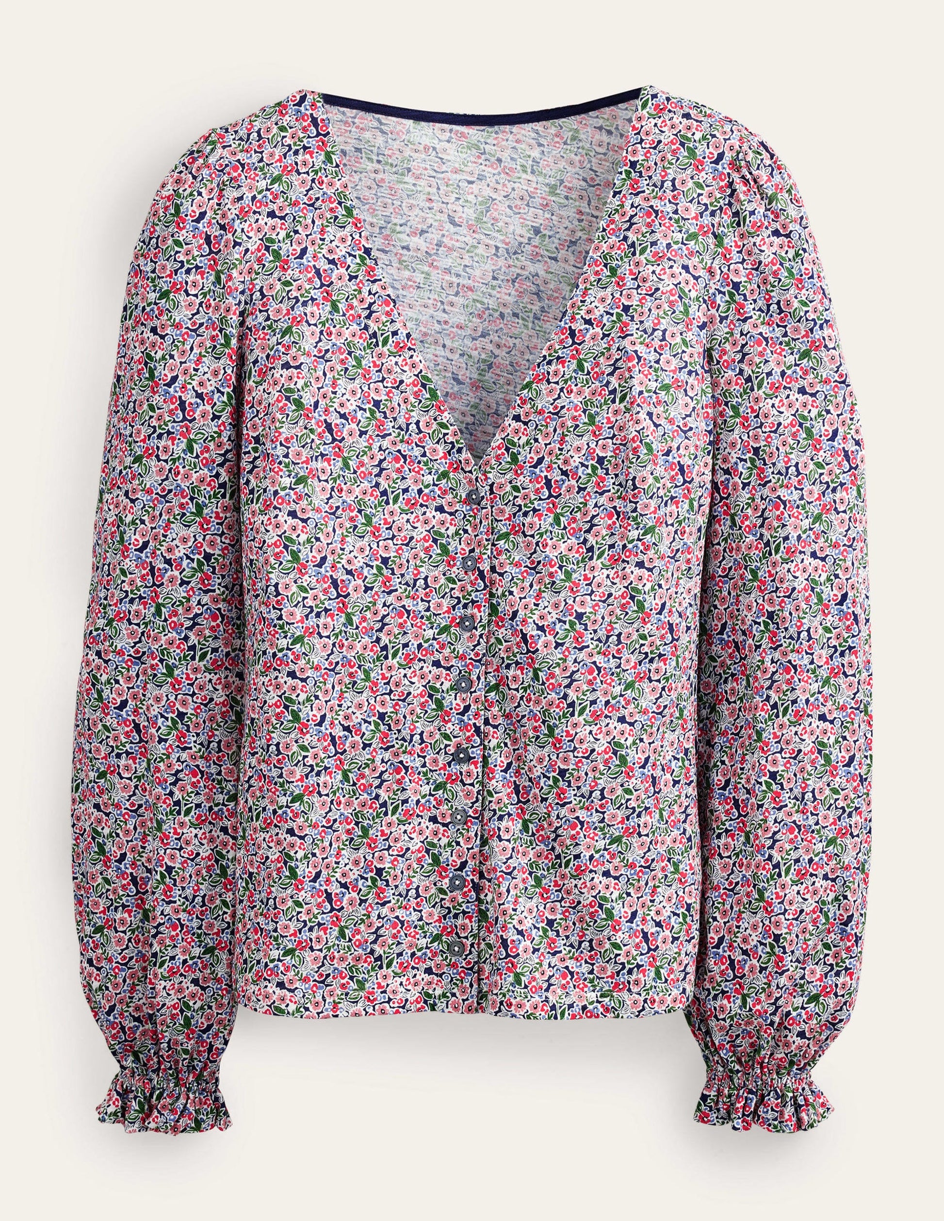 Top col V boutonné sur le devant-Multi, motif Petal Toile-5