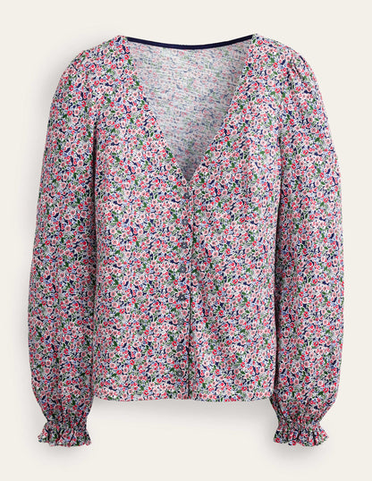 Top col V boutonné sur le devant-Multi, motif Petal Toile-5