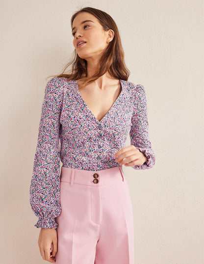 Top col V boutonné sur le devant-Multi, motif Petal Toile-1