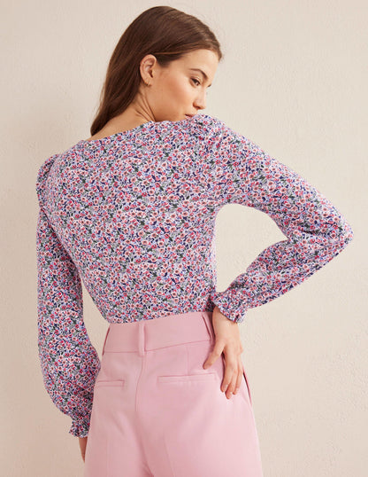 Top col V boutonné sur le devant-Multi, motif Petal Toile-3