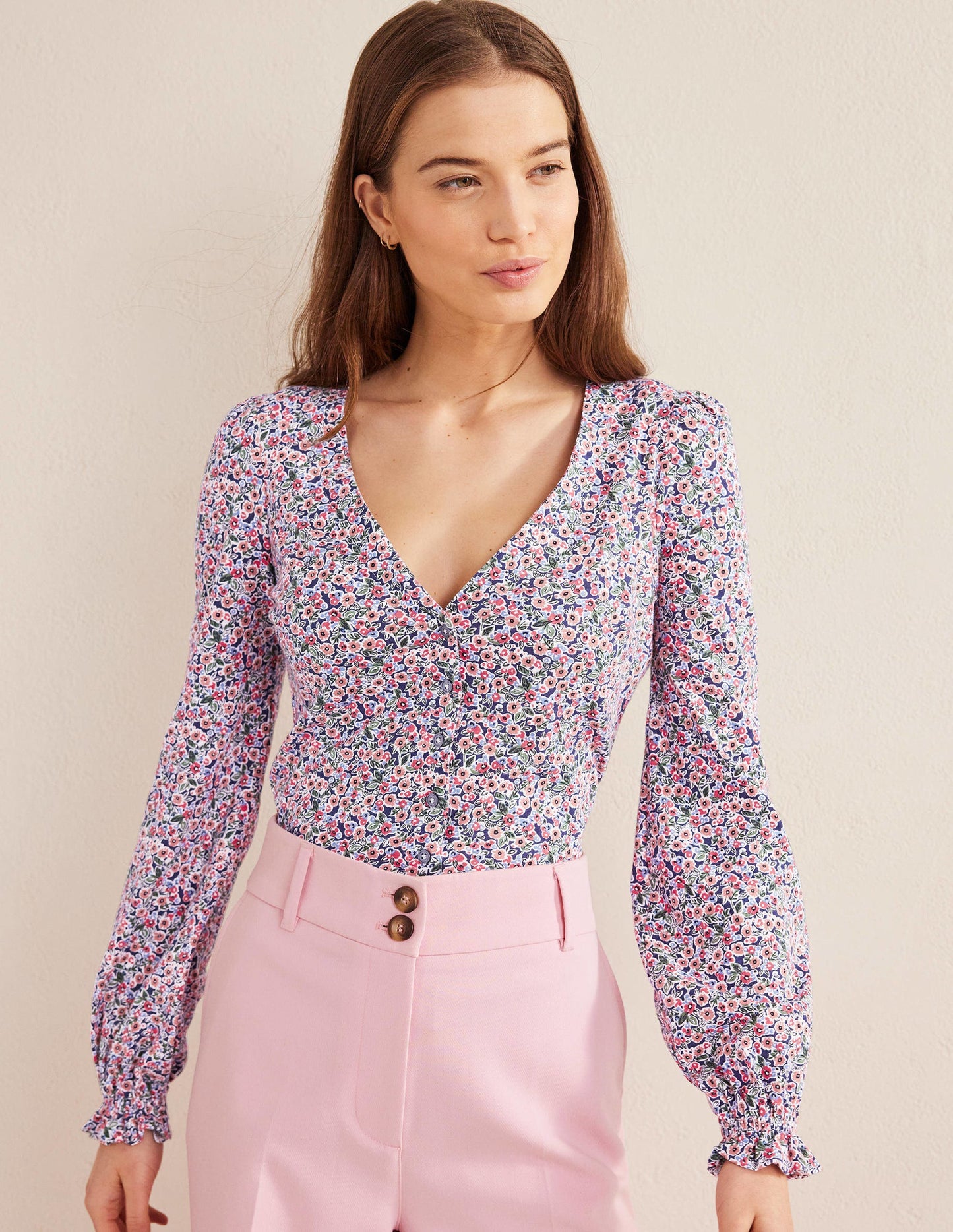 Top col V boutonné sur le devant-Multi, motif Petal Toile