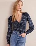 Button Front V-Neck Top-French Navy, Floral Dot