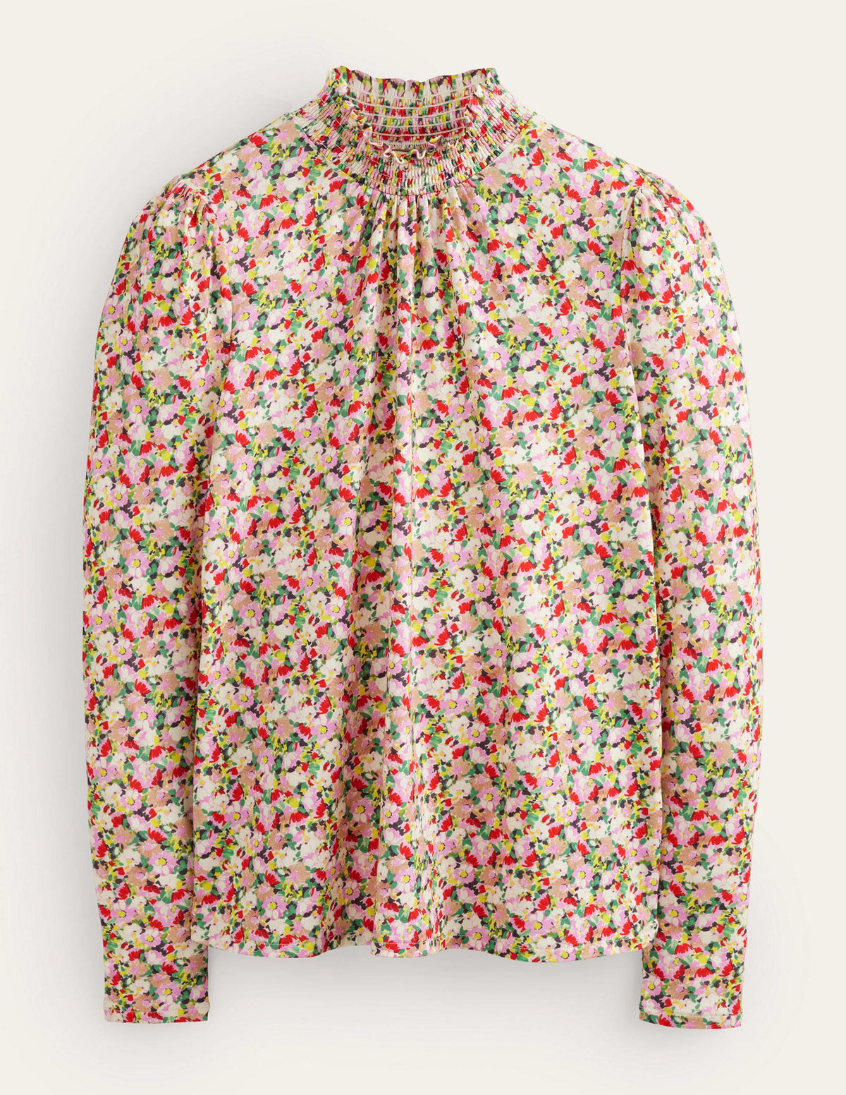 Gemustertes Oberteil mit gesmoktem Kragen-Bunt, Blumenmuster-5