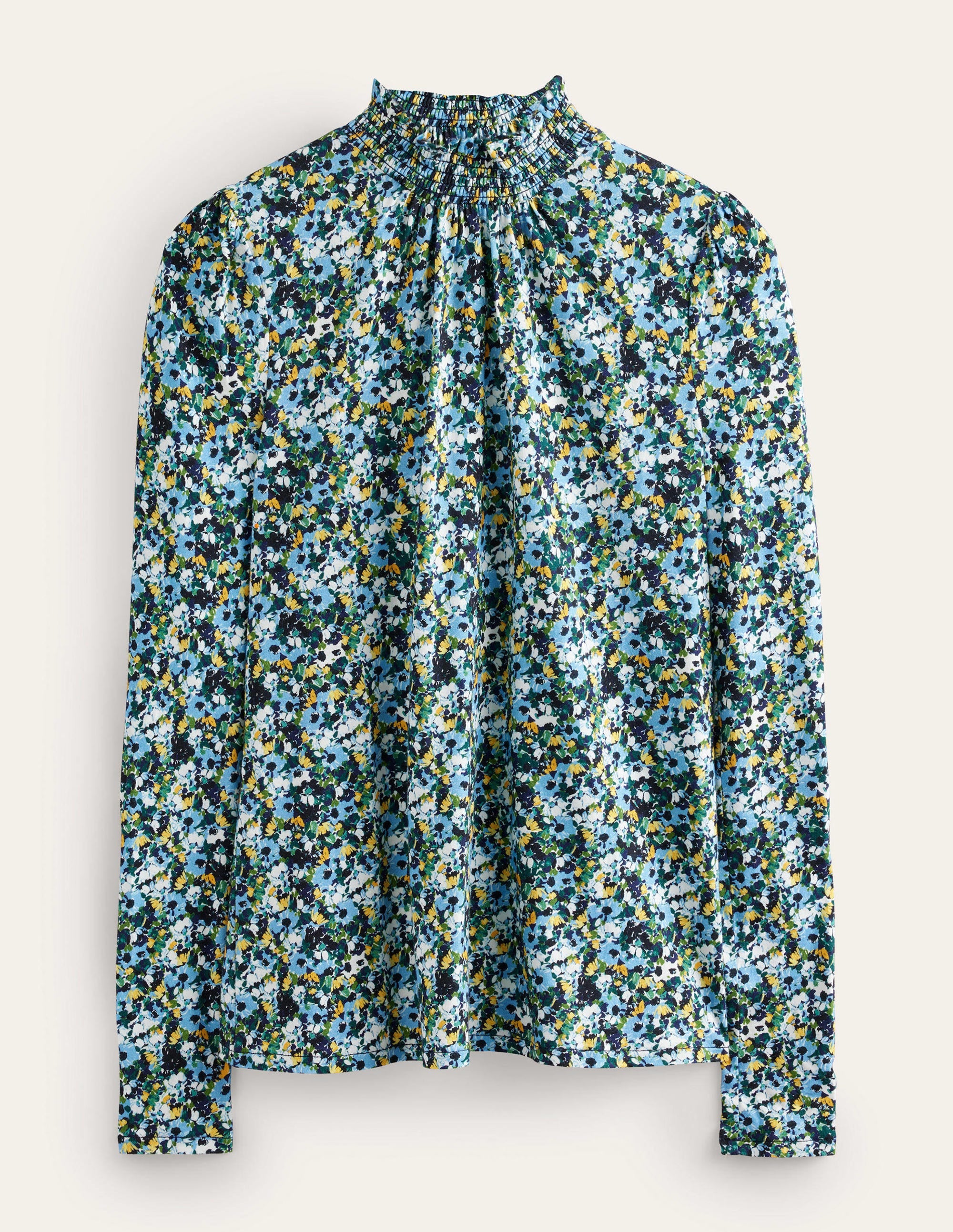 Top imprimé à col smocké-Bleu marine, motif floral - Image 5