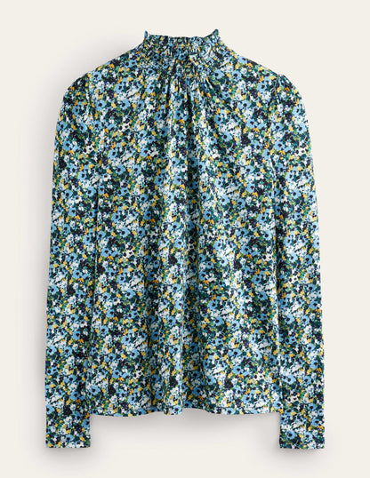 Gemustertes Oberteil mit gesmoktem Kragen-Navy, Blumenmuster