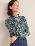 Top imprimé à col smocké-Bleu marine, motif floral