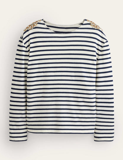 Breton-Oberteil mit Schulterverzierung-Naturweiß/Navy, Verziert