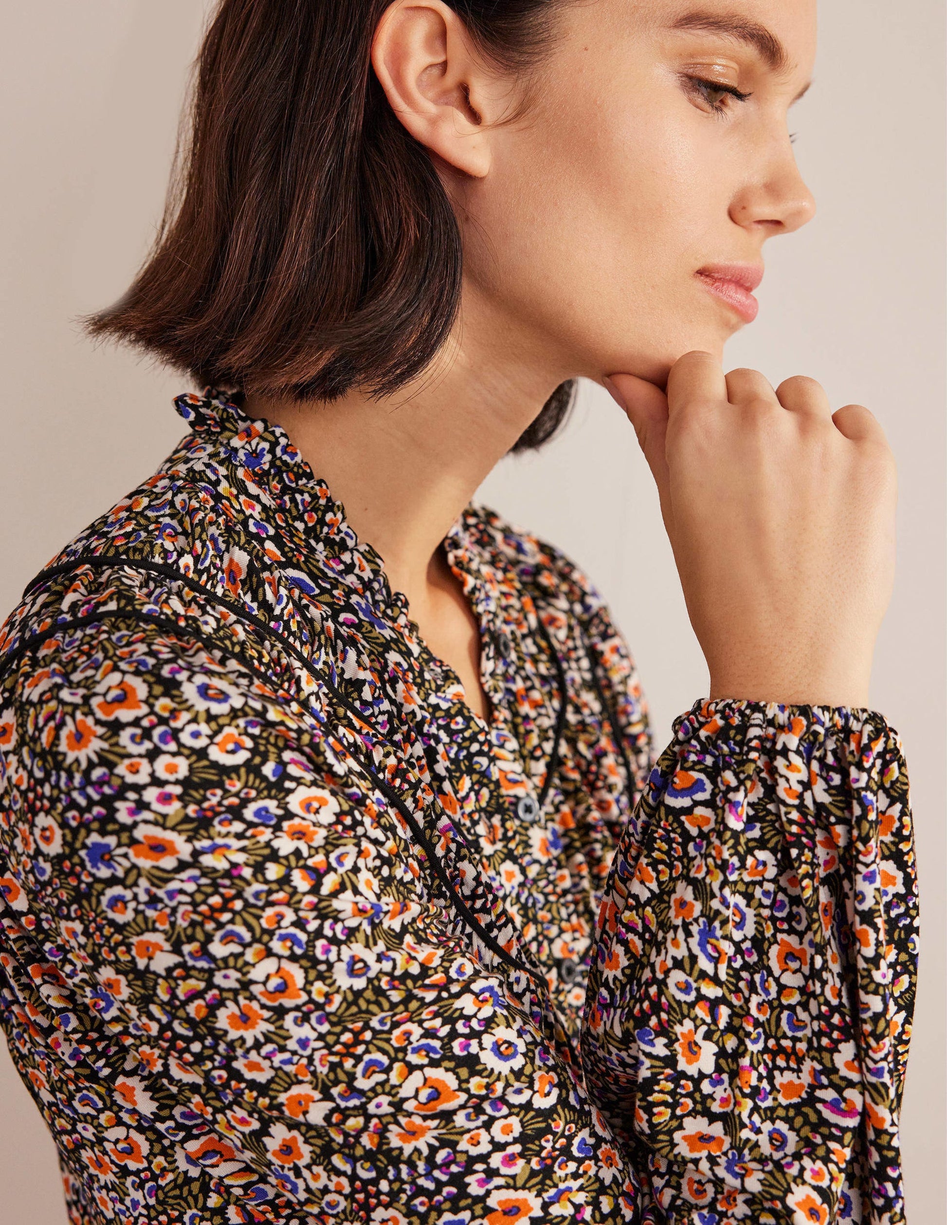 Ruched Yoke Jersey Shirt-Multi, Eden Bloom-2
