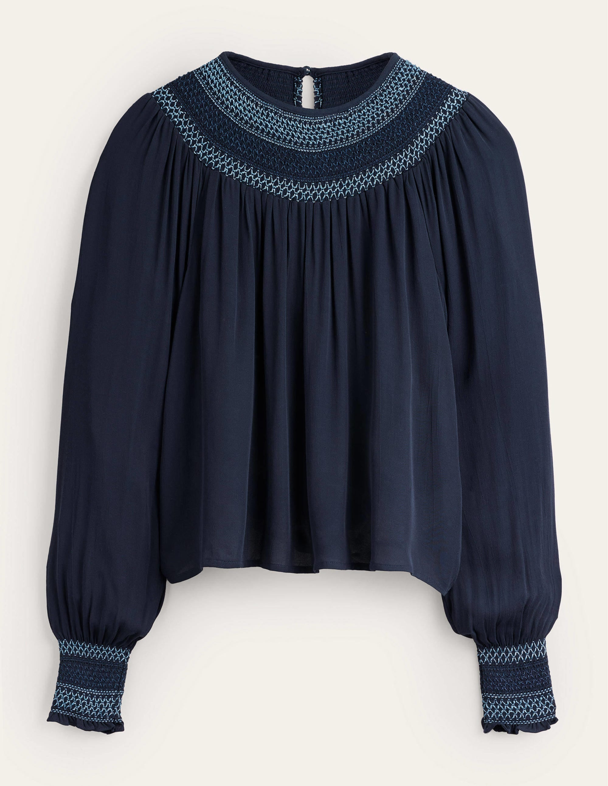 Smocked Crew Neck Top-Navy - Image 5