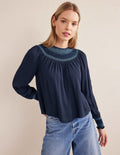 Smocked Crew Neck Top-Navy