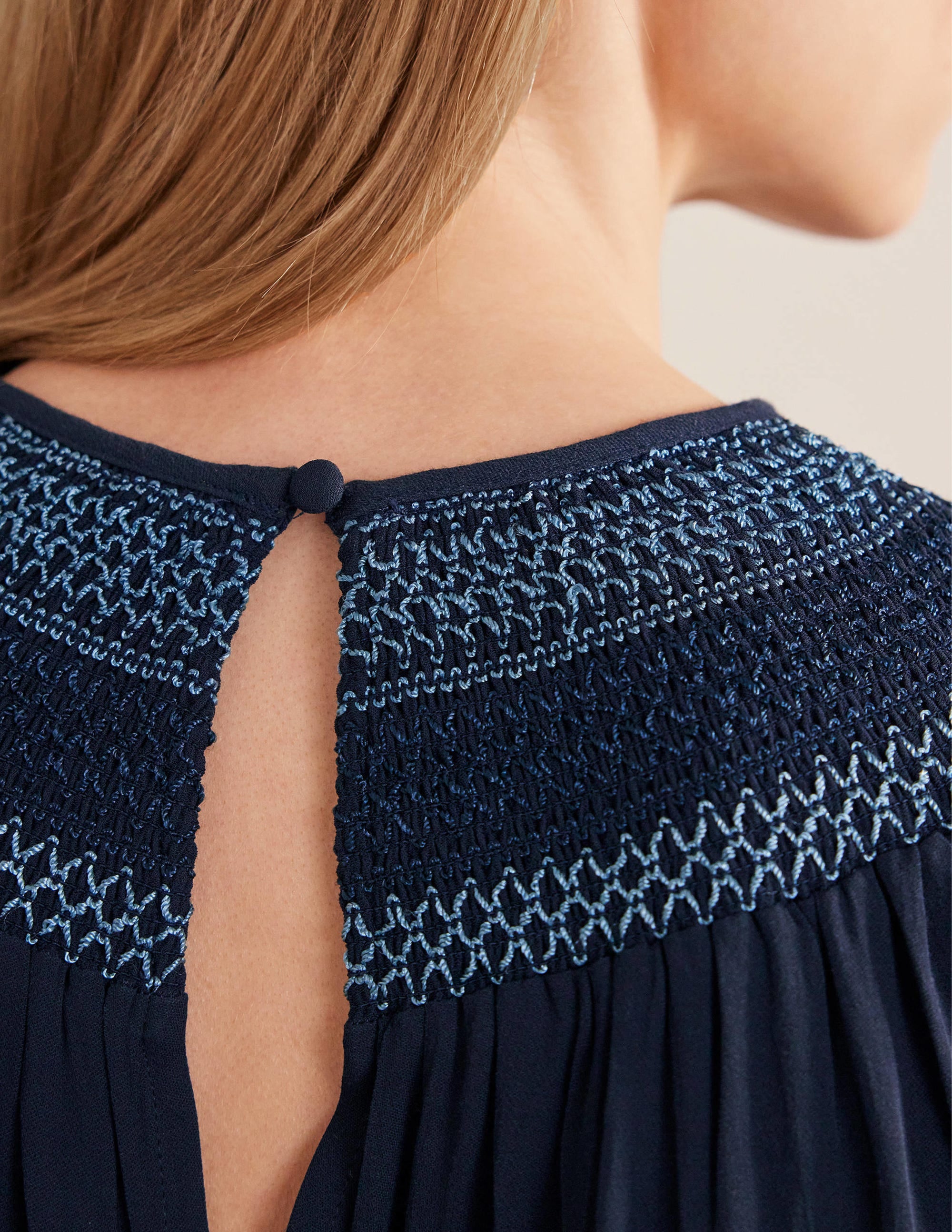 Smocked Crew Neck Top-Navy - Image 2