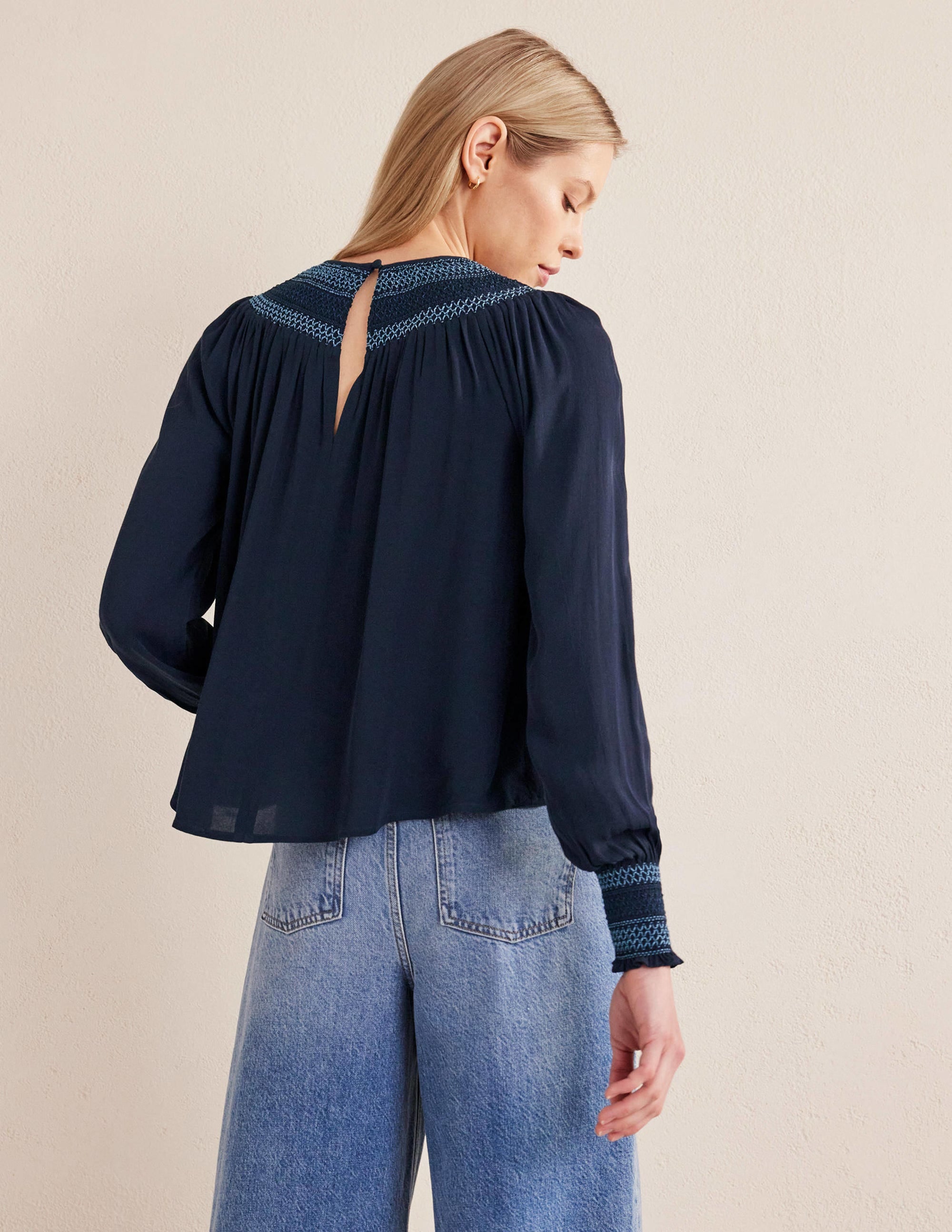 Smocked Crew Neck Top-Navy - Image 3