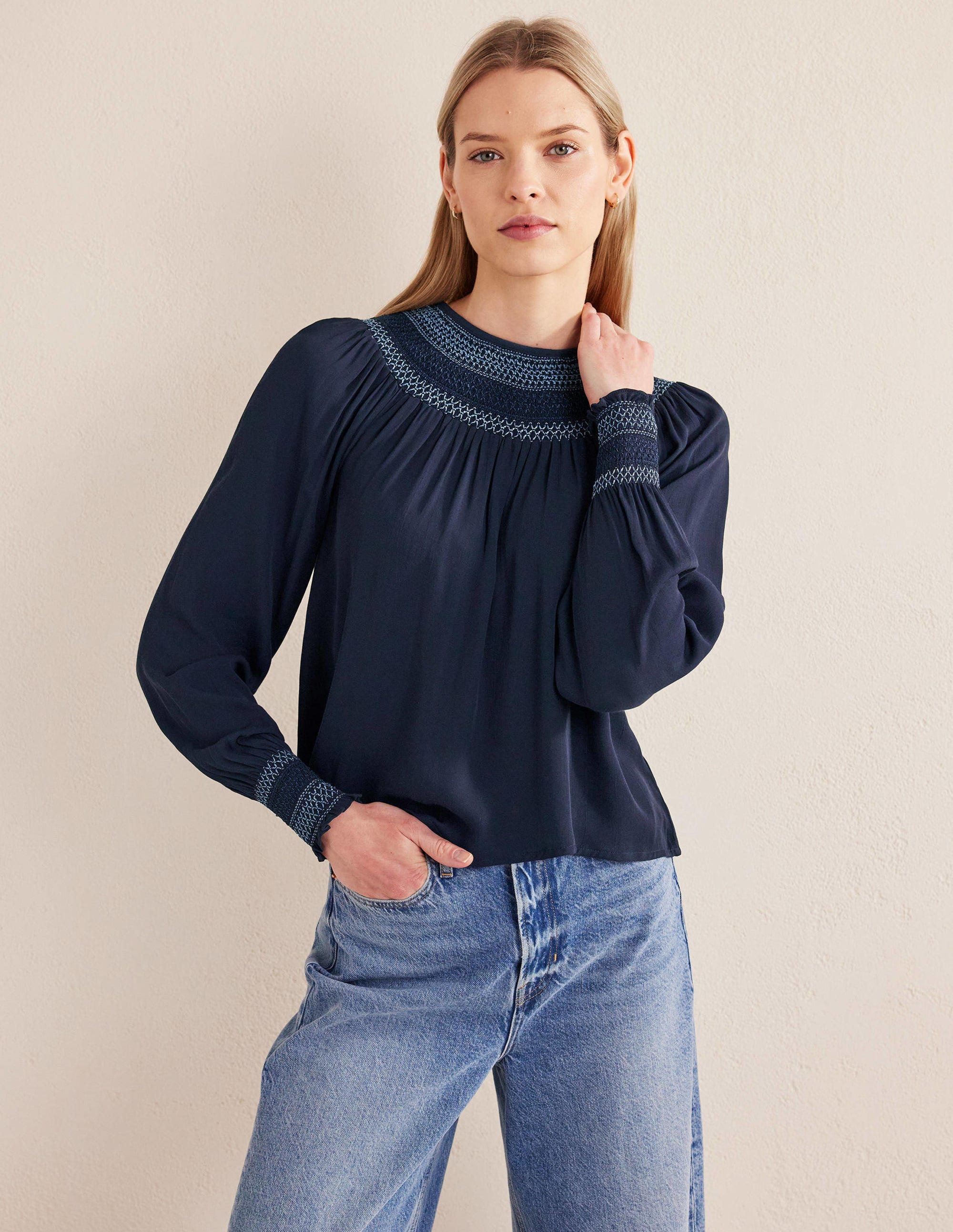 Smocked Crew Neck Top-Navy - Image 4