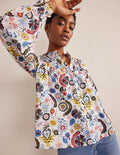 Smocked Yoke Cotton Blouse-Ivory, Tropic Charm