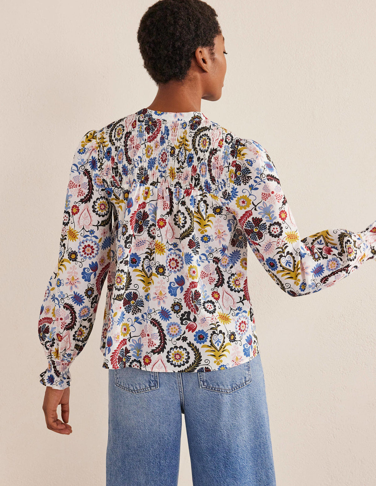 Baumwollbluse mit gesmokter Passe-Naturweiß, Tropencharme - Image 3