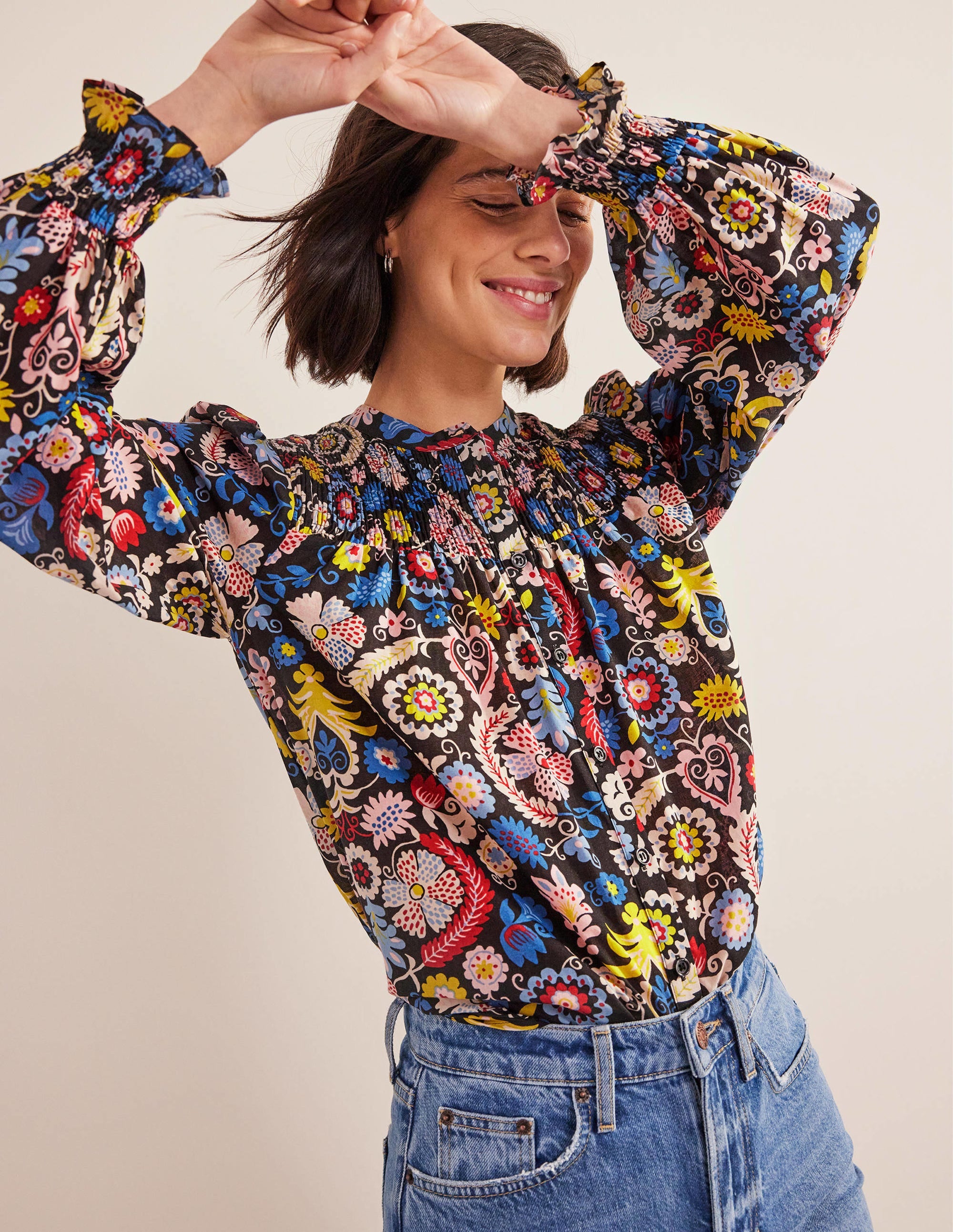 Blouse en coton avec empiècement à smocks-Multi, motif Tropic Charm - Image 1