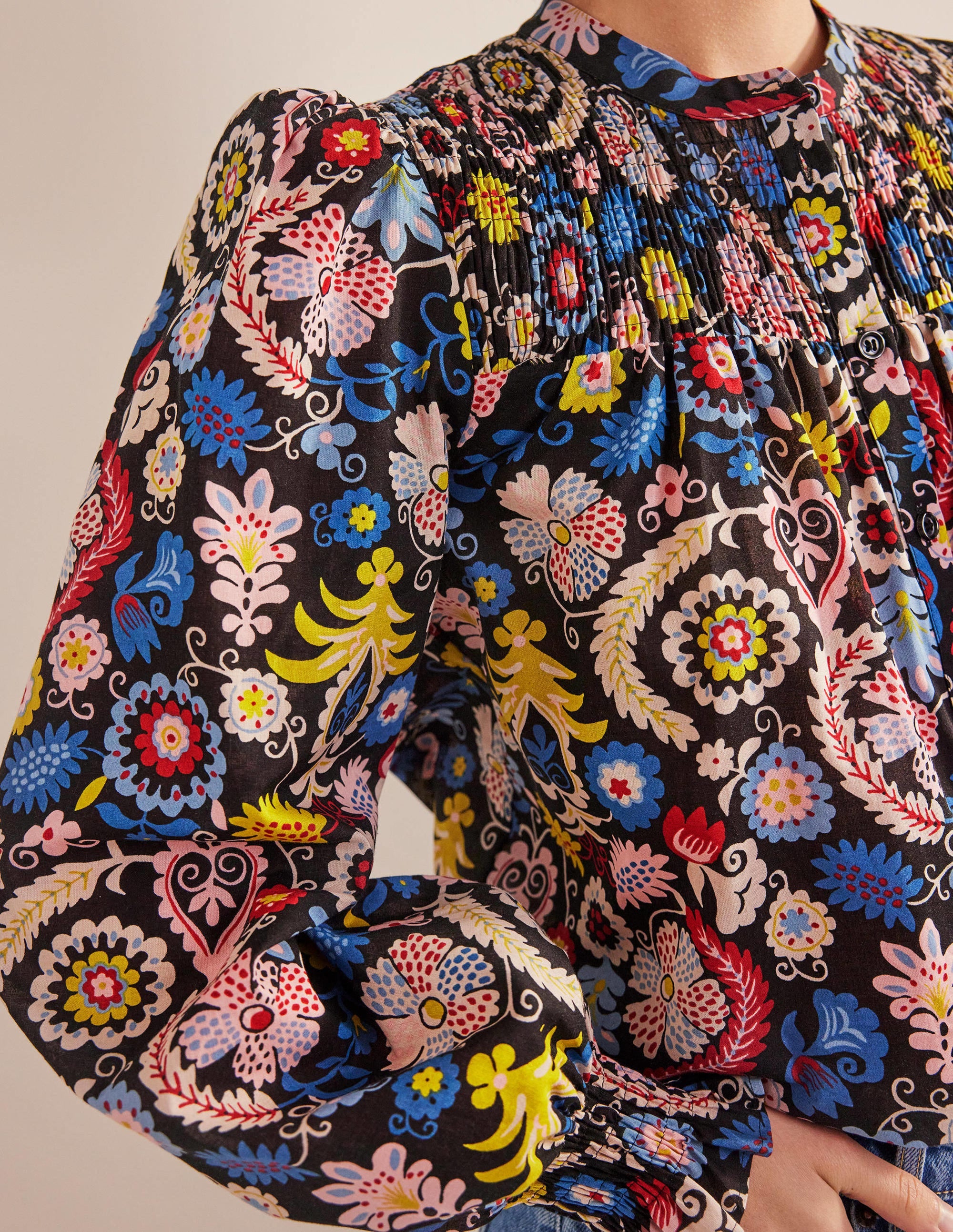Blouse en coton avec empiècement à smocks-Multi, motif Tropic Charm - Image 2