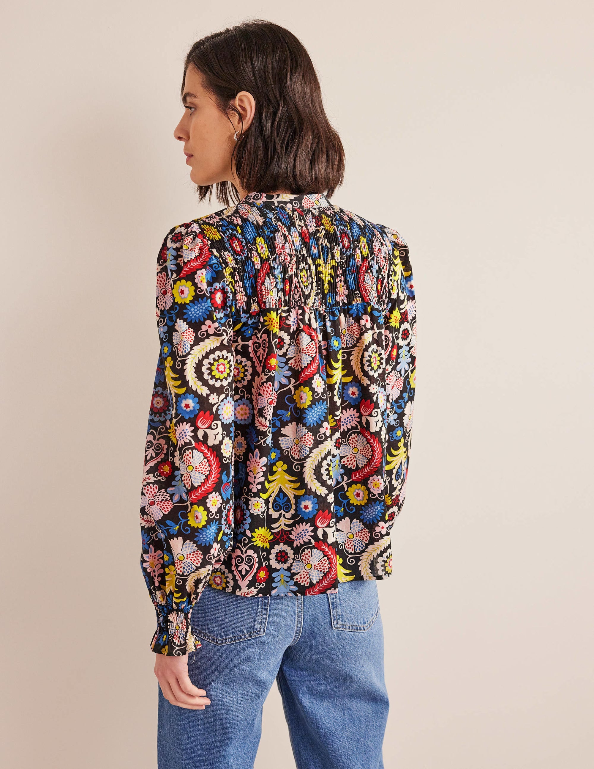 Blouse en coton avec empiècement à smocks-Multi, motif Tropic Charm - Image 3