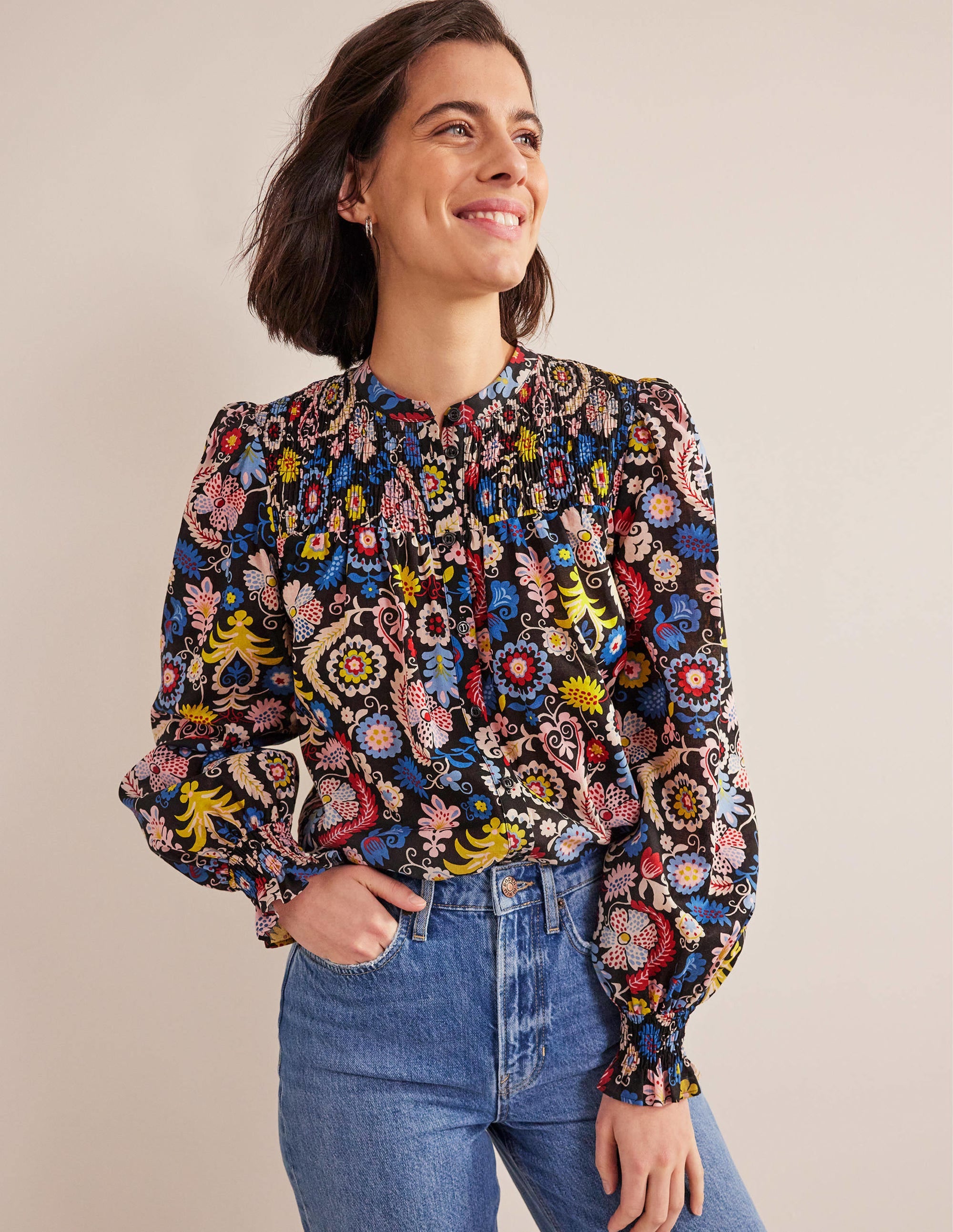 Blouse en coton avec empiècement à smocks-Multi, motif Tropic Charm - Image 4