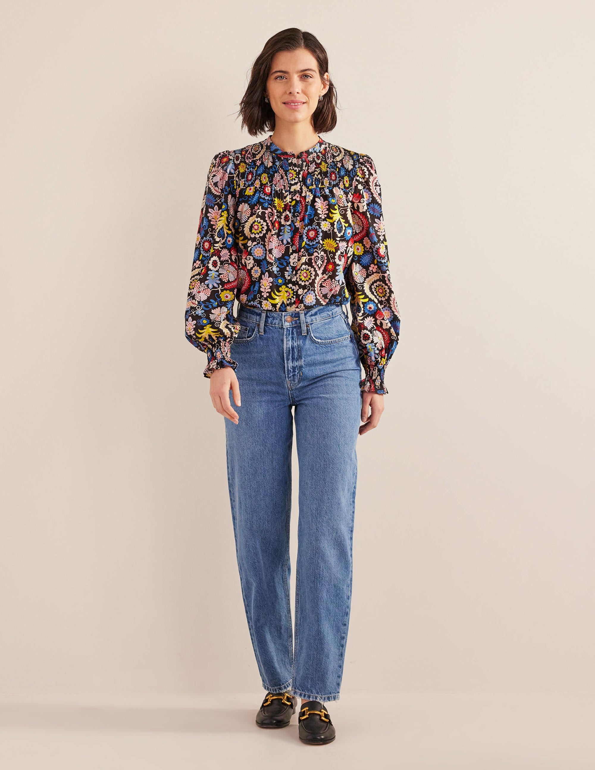 Blouse en coton avec empiècement à smocks-Multi, motif Tropic Charm - Image 5