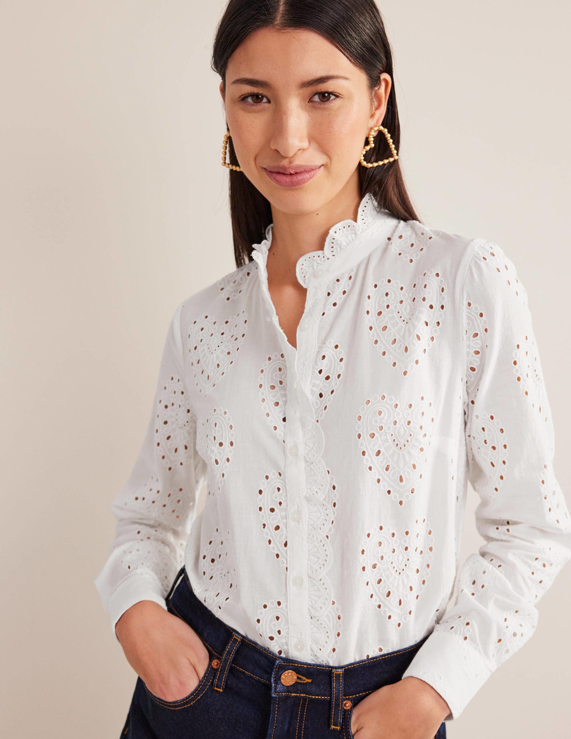 Scallop Trim Broderie Shirt-White - Image 1