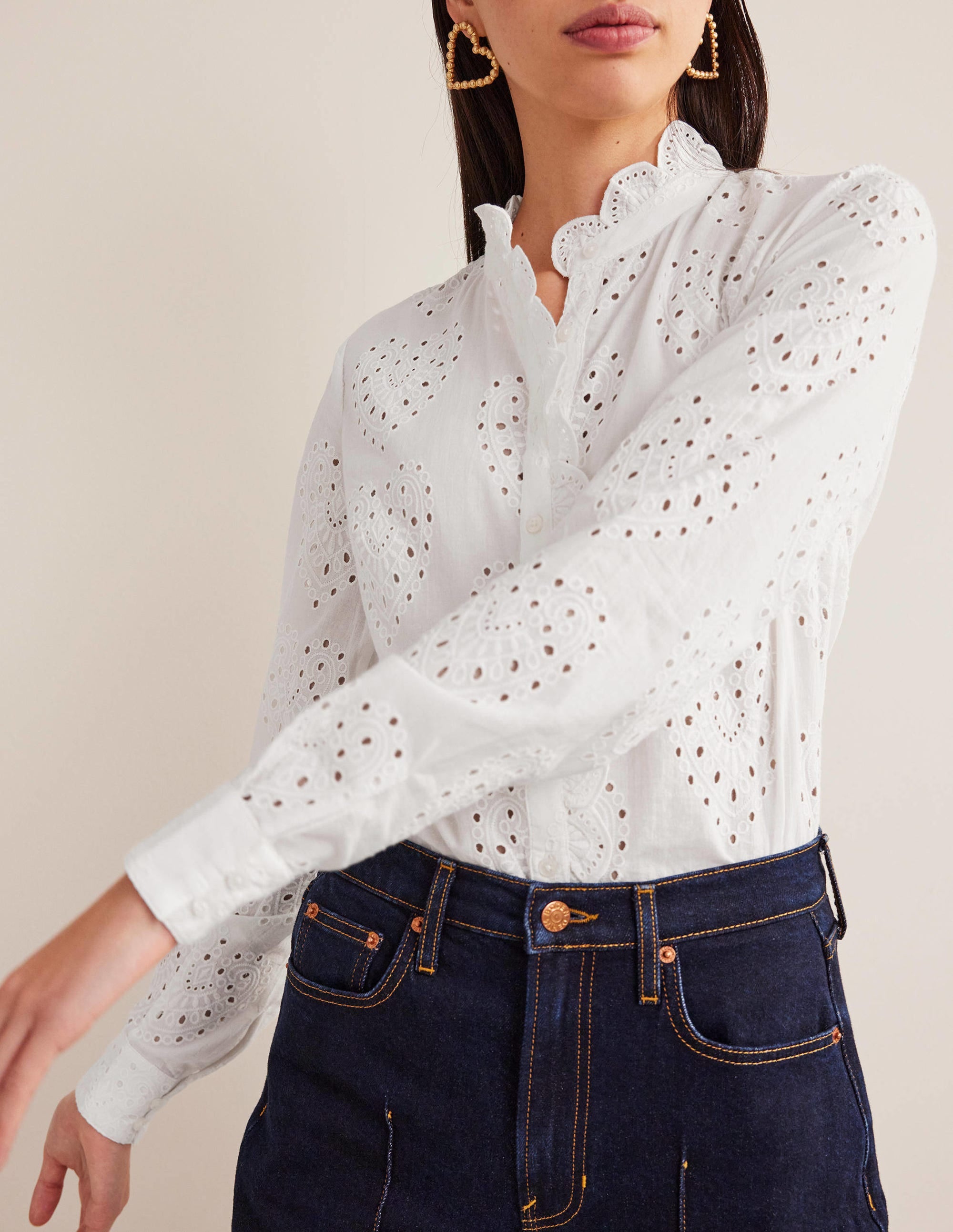 Scallop Trim Broderie Shirt-White - Image 5