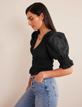 Smocked Bodice Crop Top-Black