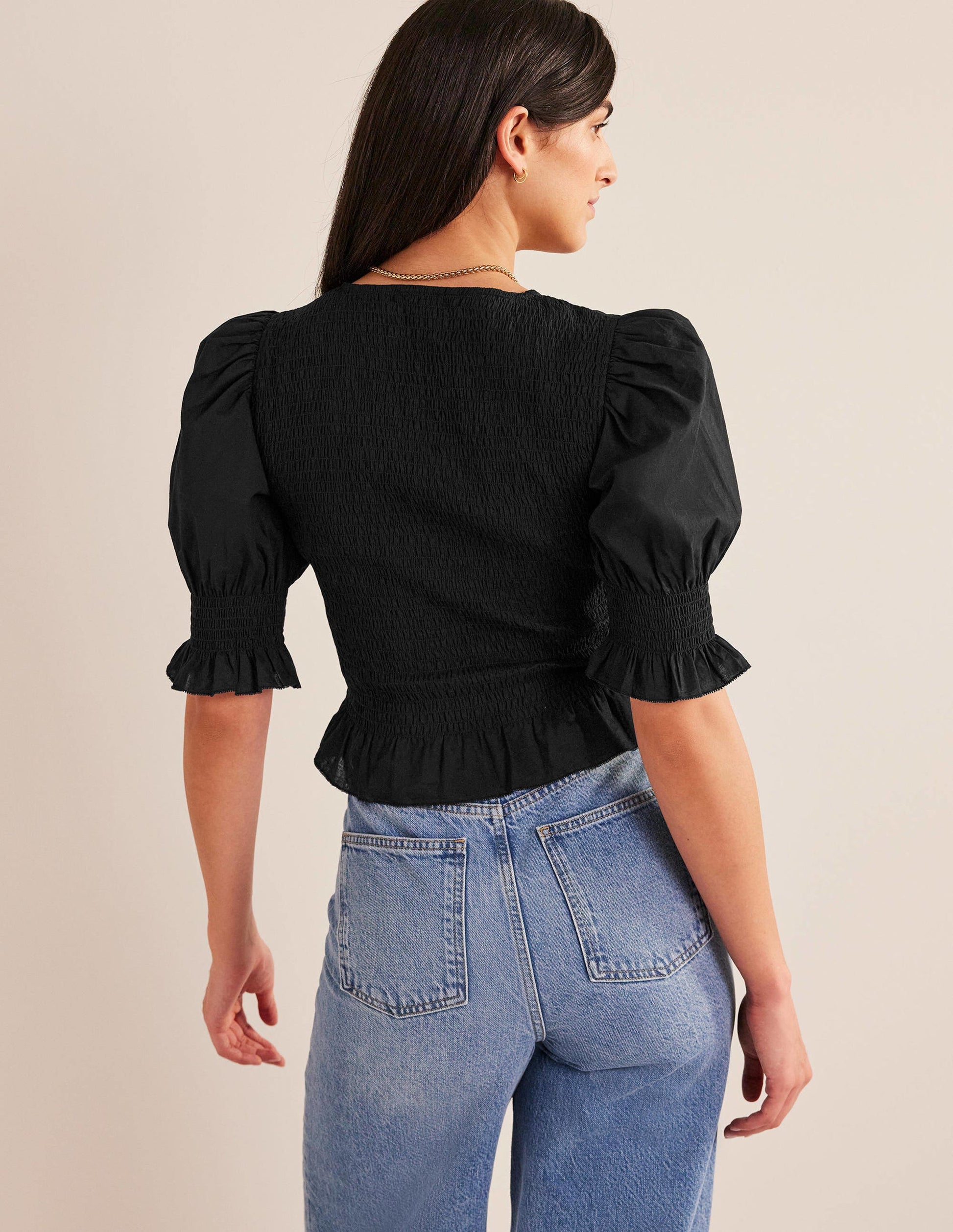 Smocked Bodice Crop Top-Black-3