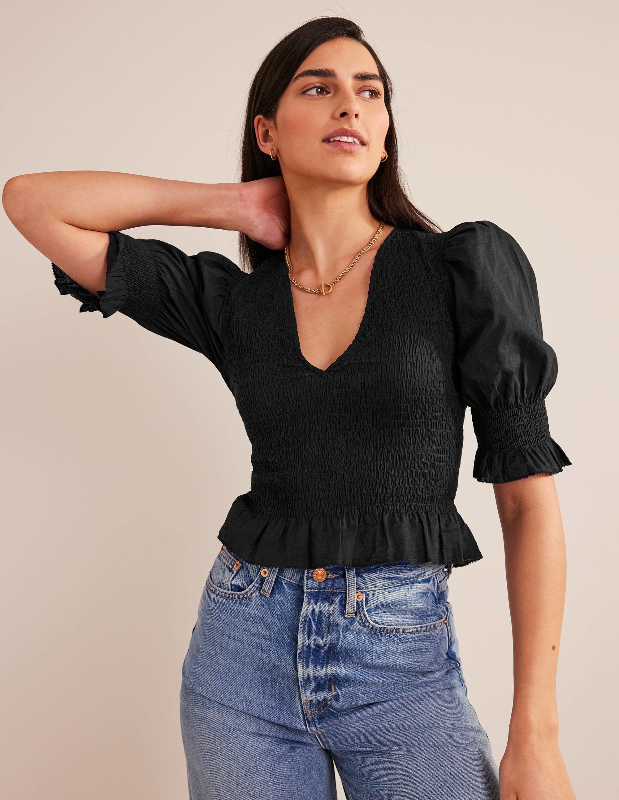 Smocked Bodice Crop Top-Black - Image 4