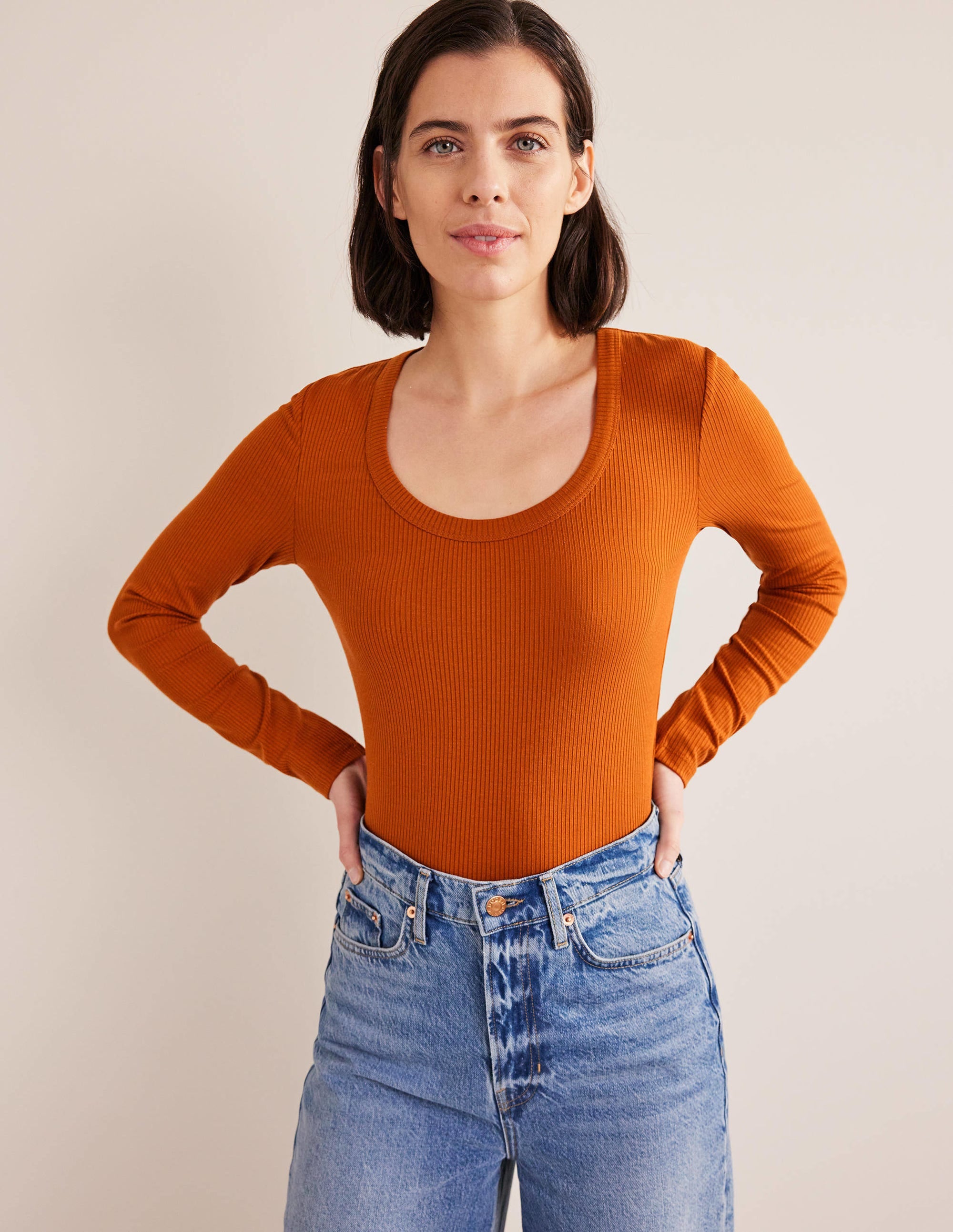 Soft Ribbed Scoop Neck Top-Pumpkin - Image 1