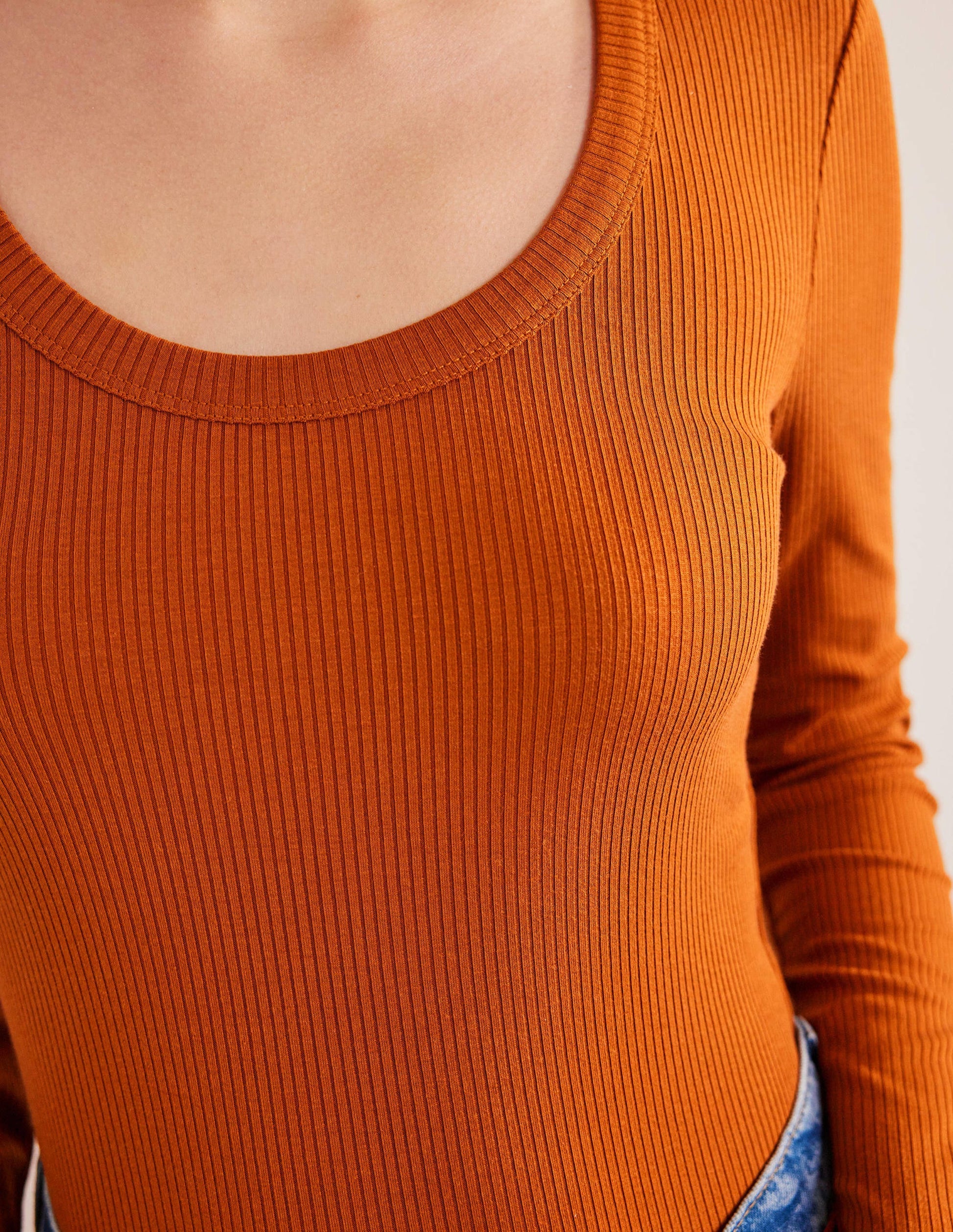 Soft Ribbed Scoop Neck Top-Pumpkin-2