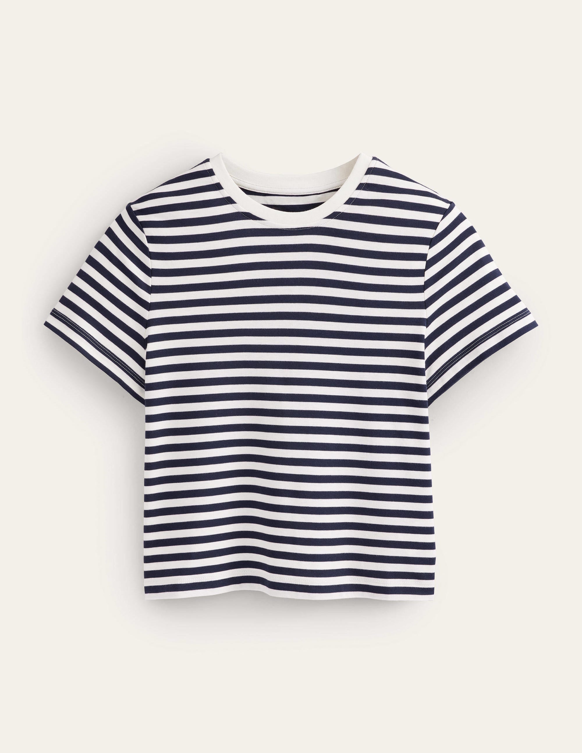 Kurz geschnittenes Baumwoll-T-Shirt-Naturweiß/Marineblau, Gestreift - Image 5