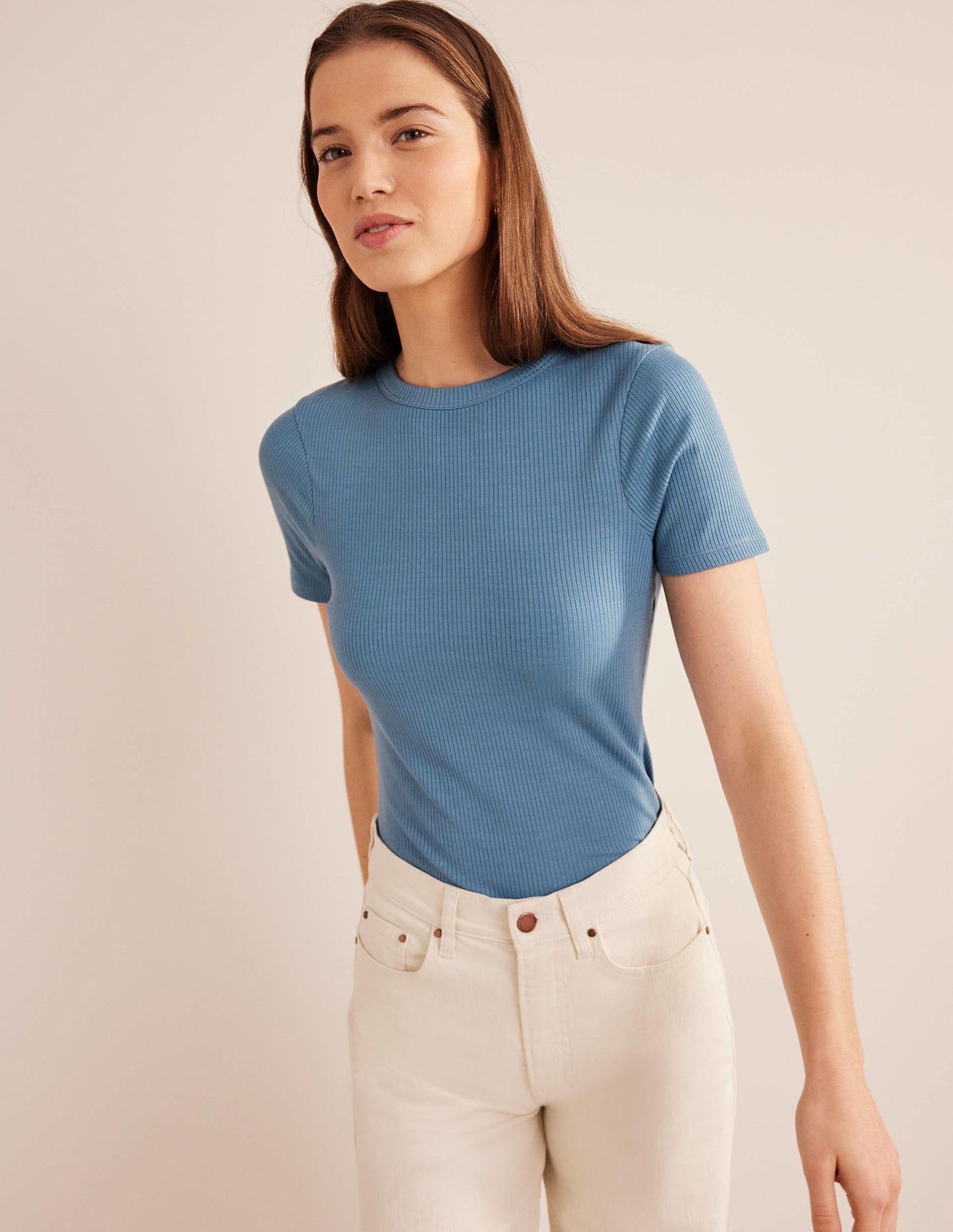 Geripptes T-Shirt mit Rundhalsausschnitt-Kapitänsblau
