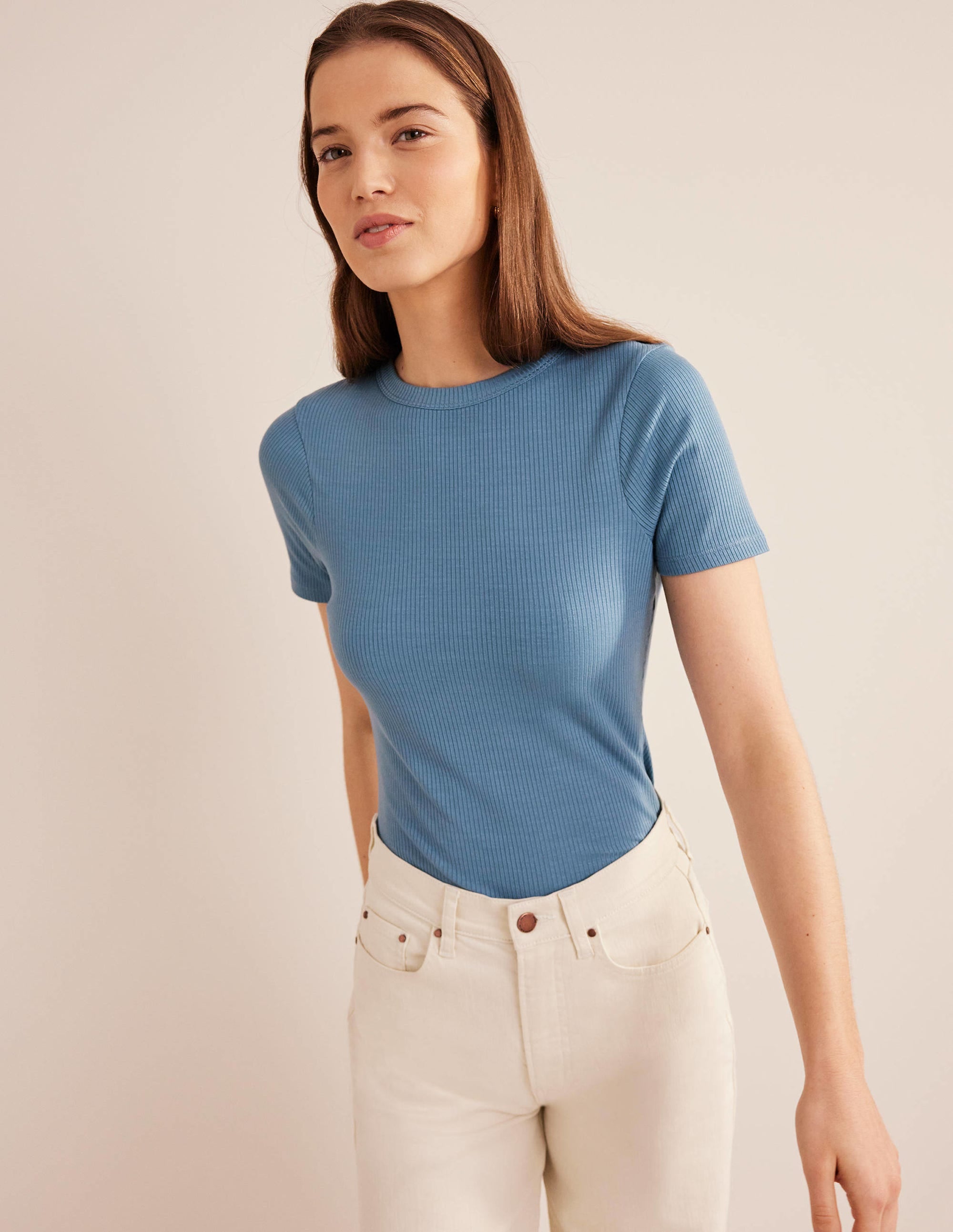 Soft Ribbed Crew Neck T-shirt-Captains Blue - Image 1
