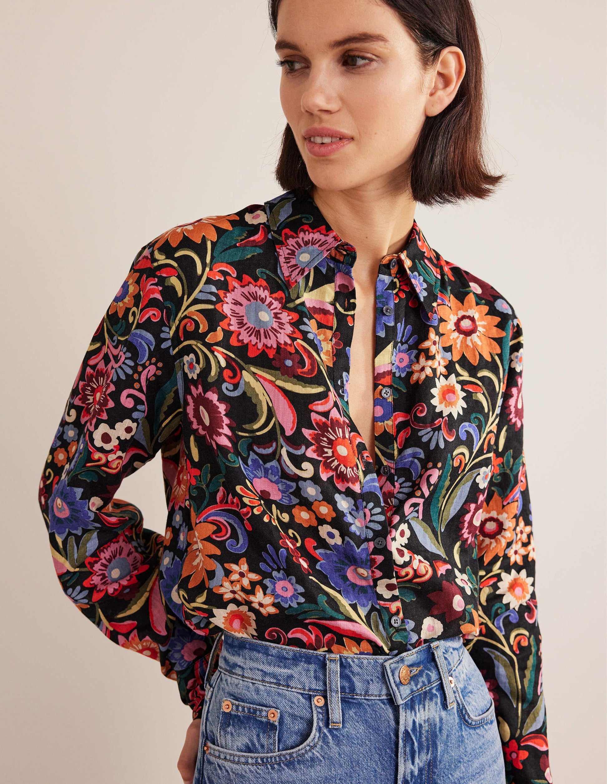 New Linen Shirt-Black, Gardenia Pop-4